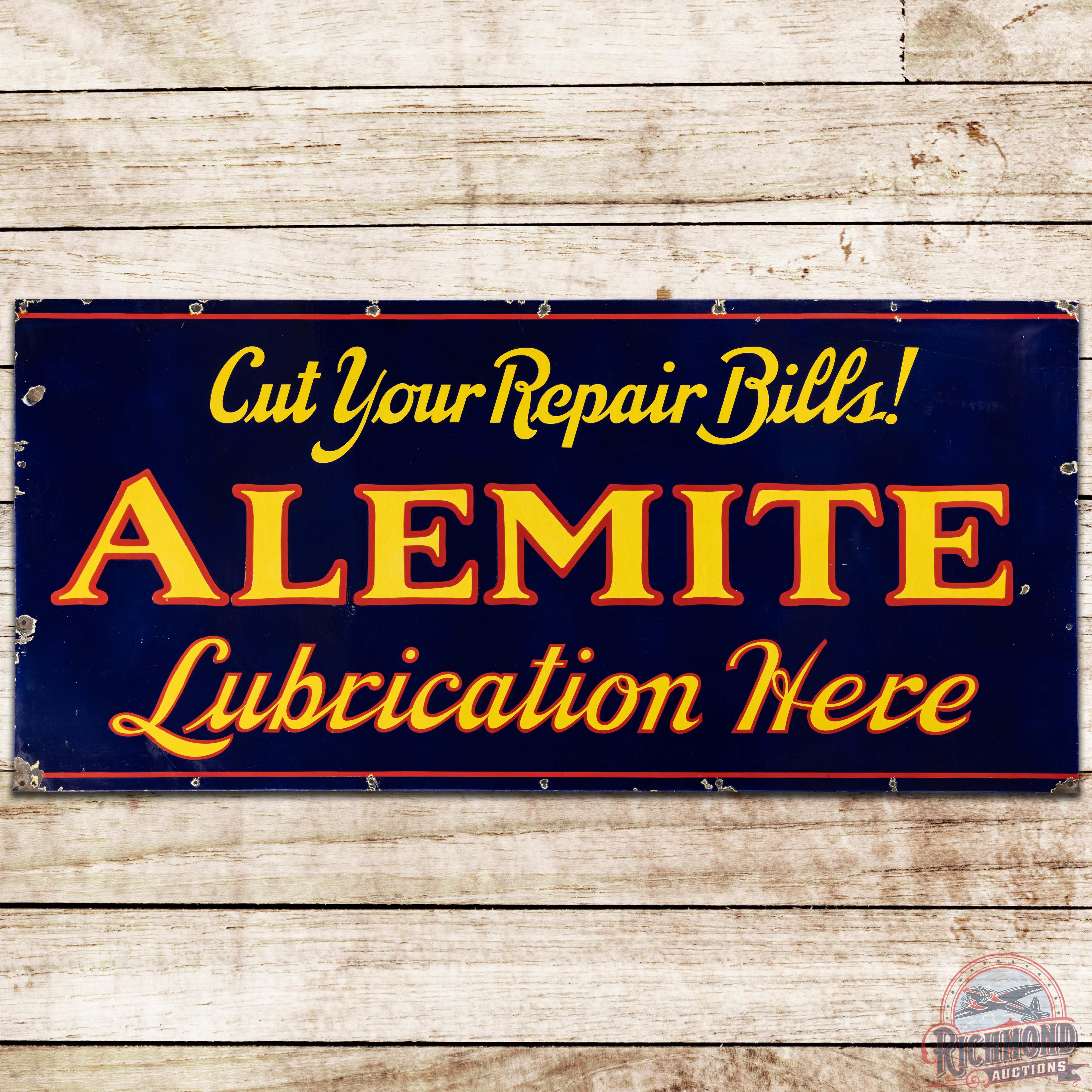 Alemite "Cut Your Repair Bills!" Lubrication Here SS Porcelain Sign