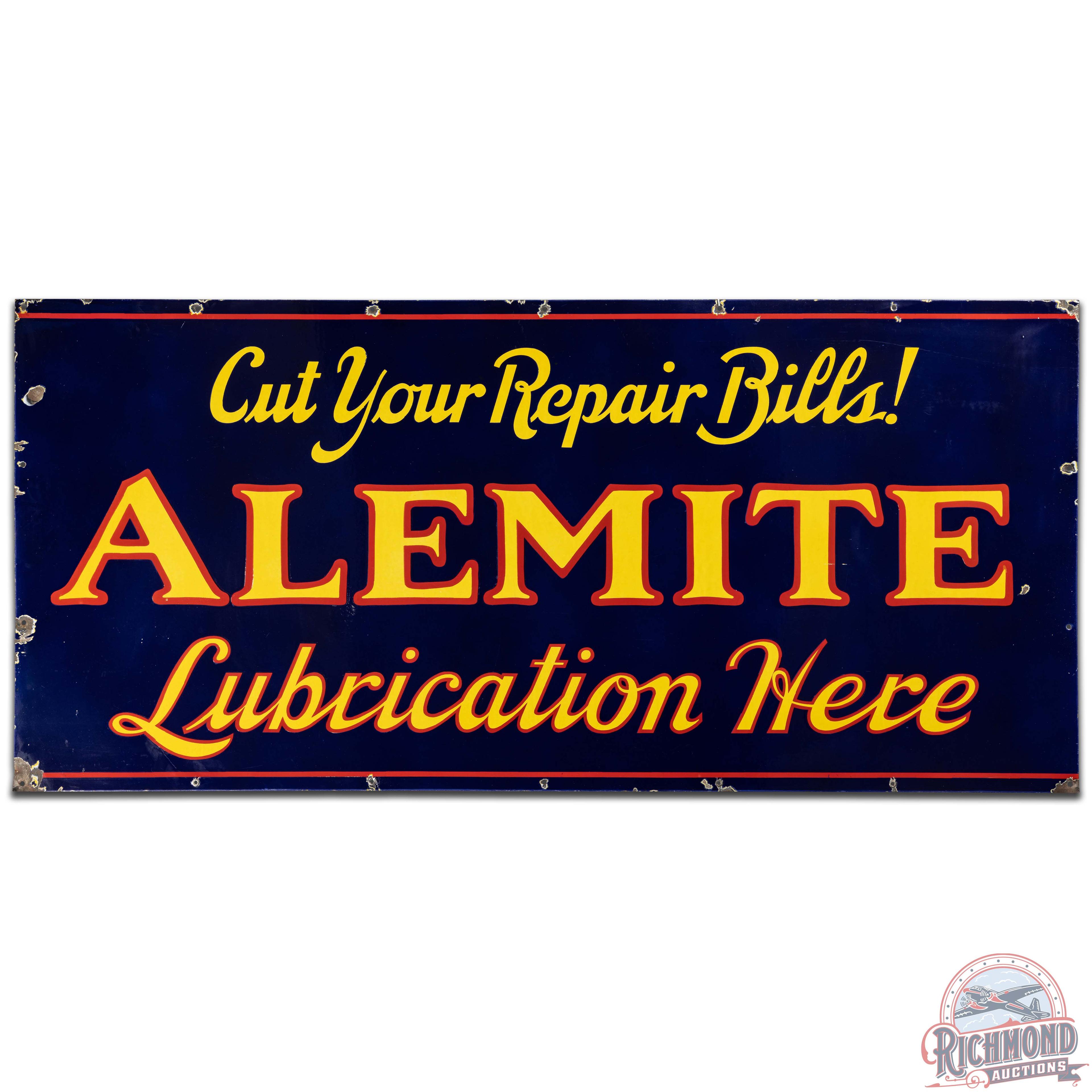 Alemite "Cut Your Repair Bills!" Lubrication Here SS Porcelain Sign