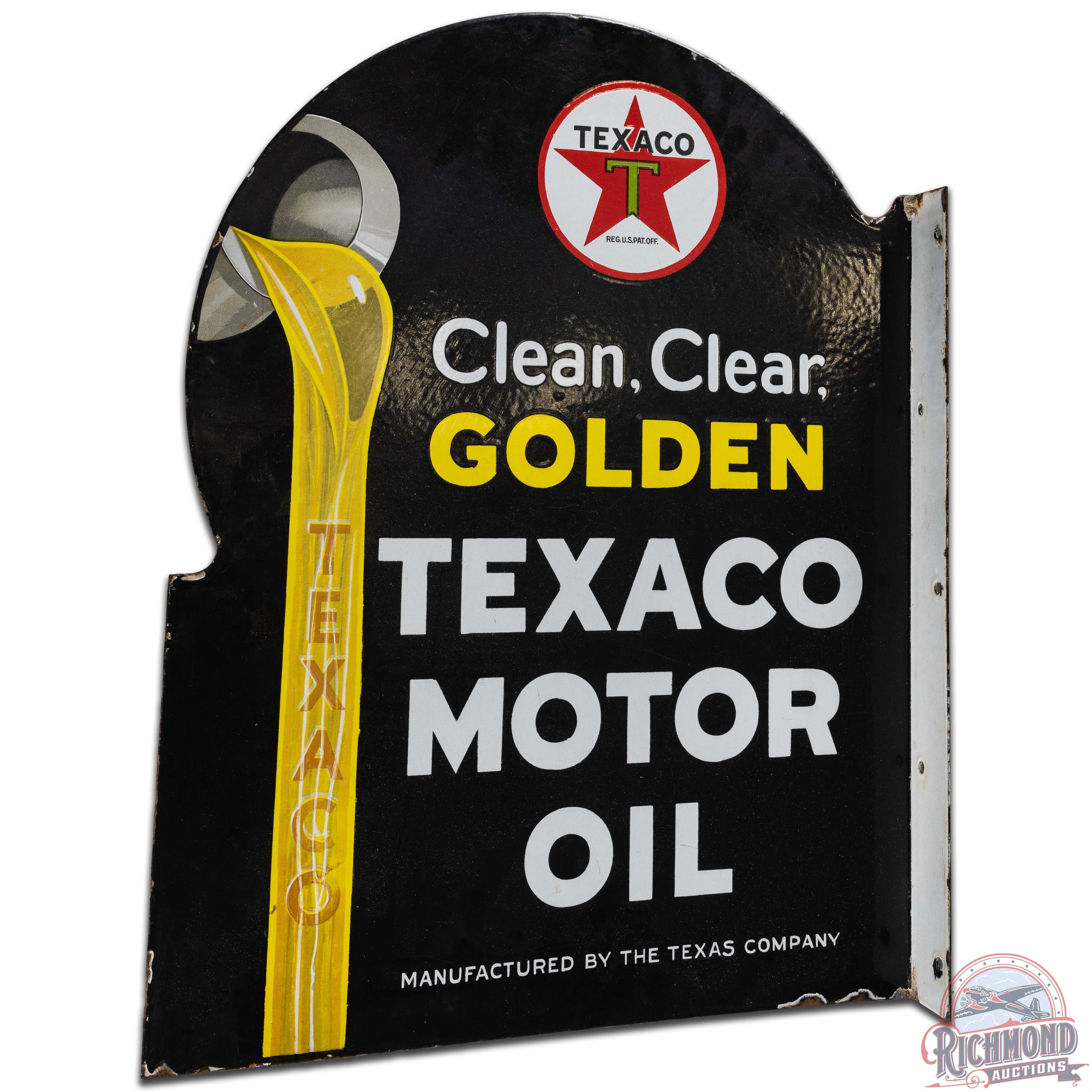 Texaco Motor Oil Clean Clear Golden DS Porcelain Flange Sign