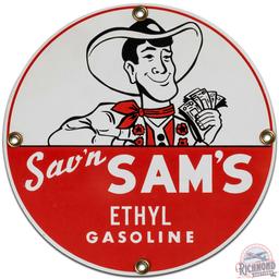 NOS Sav'n Sam's Ethyl Gasoline SS Tin Pump Plate Sign