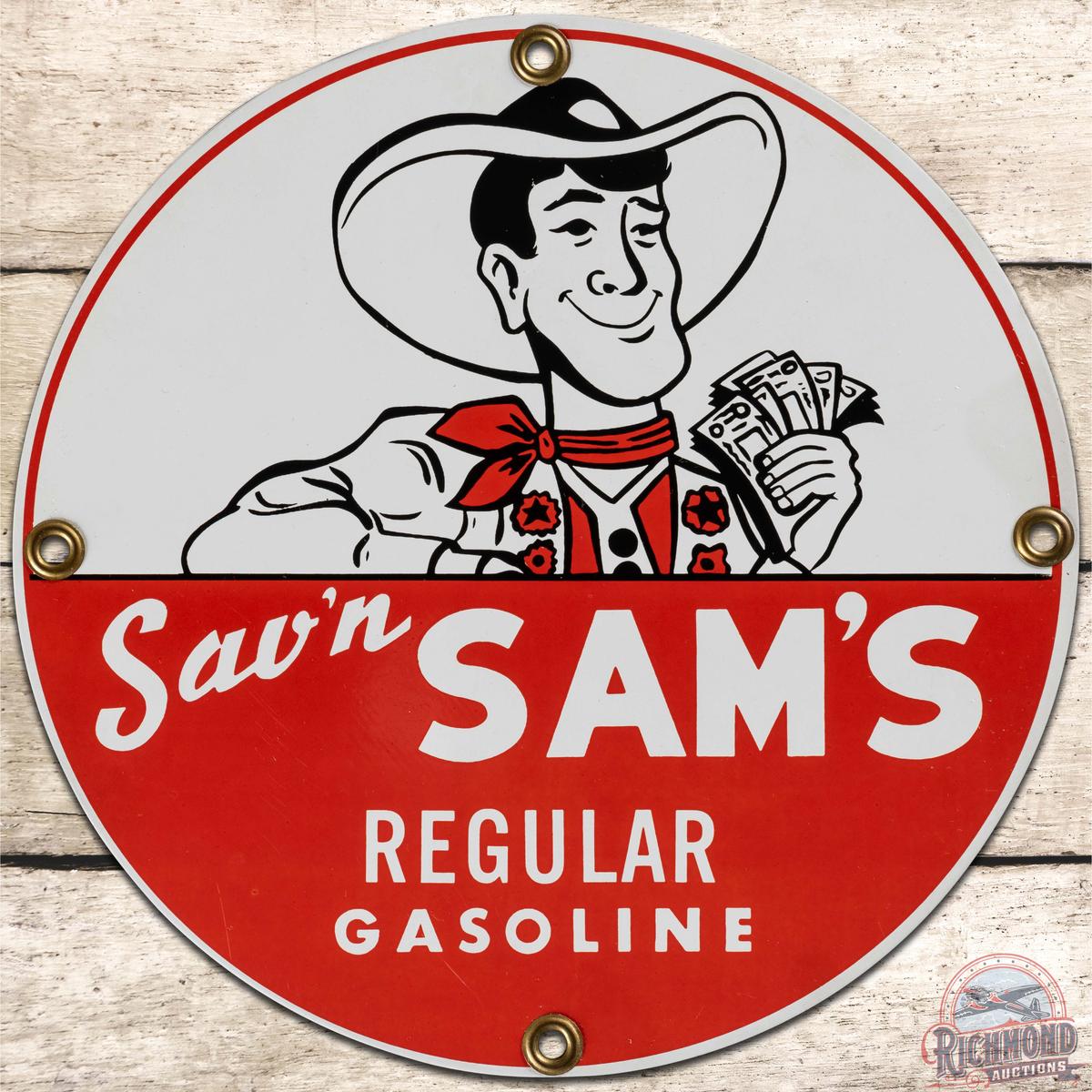 NOS Sav'n Sam's Regular Gasoline SS Tin Pump Plate Sign