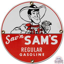 NOS Sav'n Sam's Regular Gasoline SS Tin Pump Plate Sign