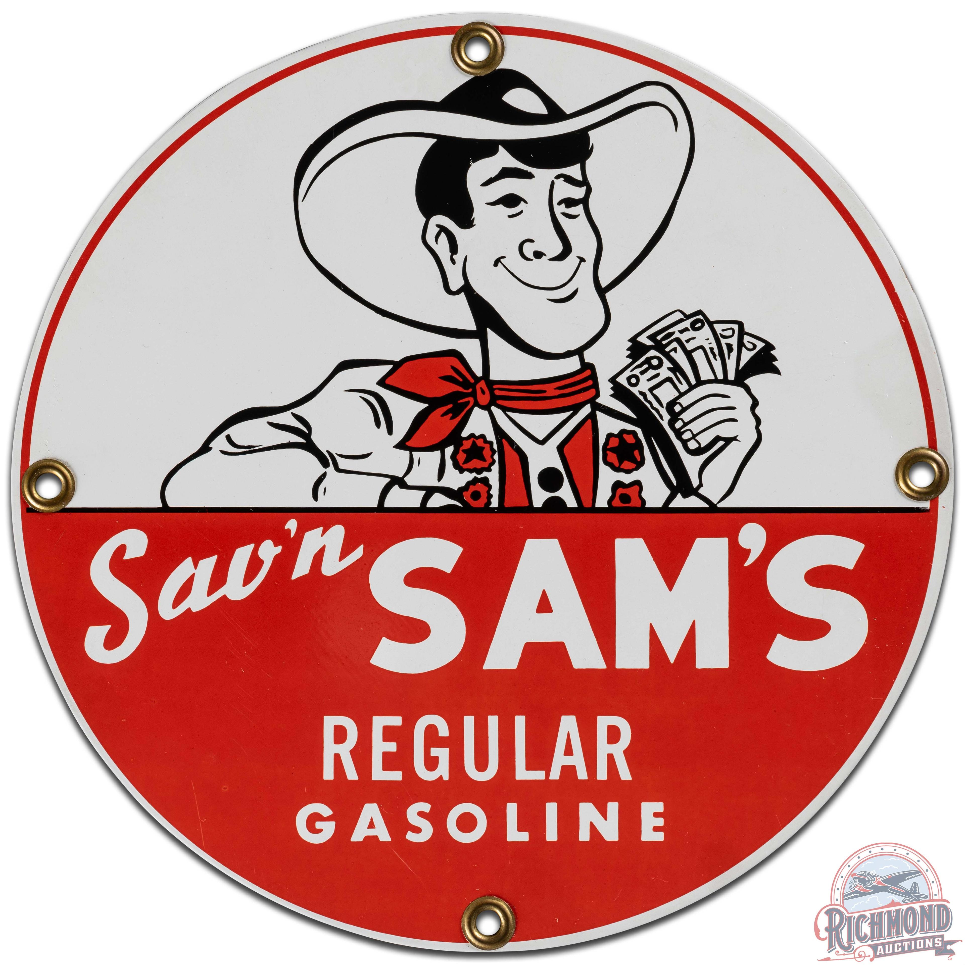 NOS Sav'n Sam's Regular Gasoline SS Tin Pump Plate Sign