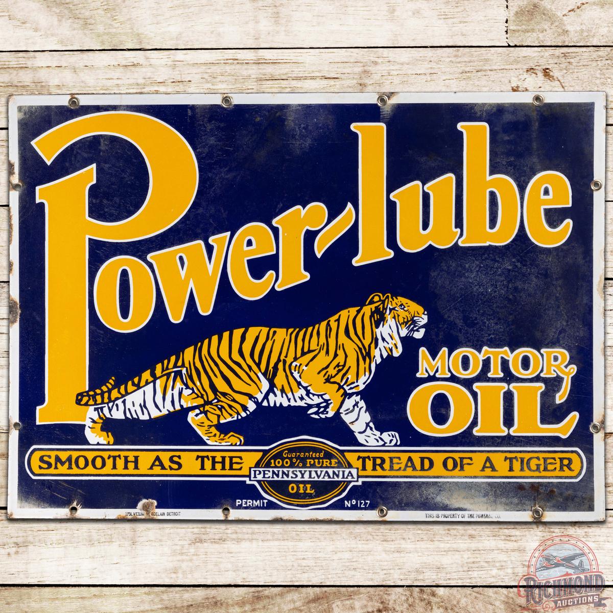 Power Lube Motor Oil "Smooth as the Tread of a Tiger" DS Porcelain Sign