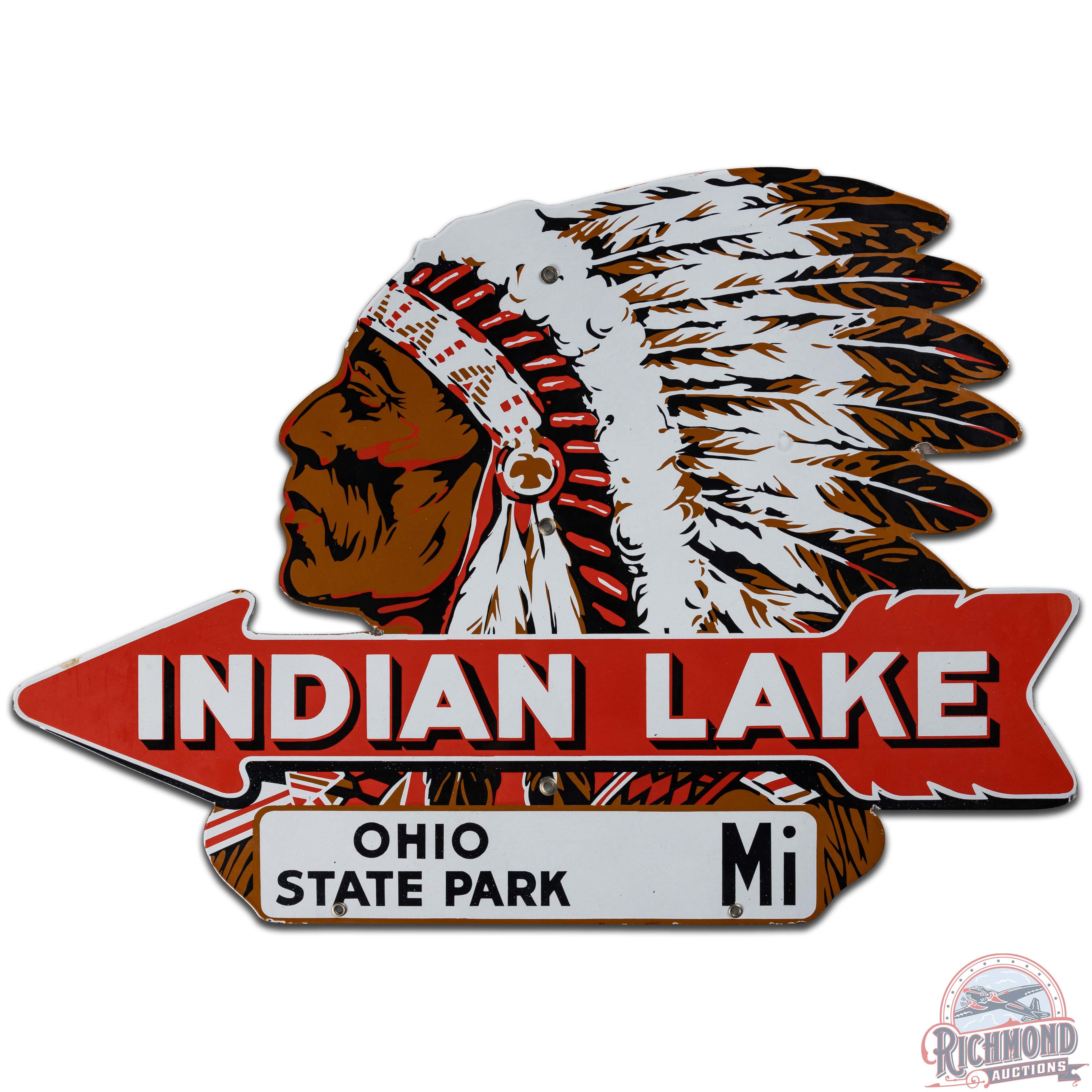 Rare Indian Lake Ohio Park Die Cut SS Porcelain Sign w/ Native American & Arrow Graphic