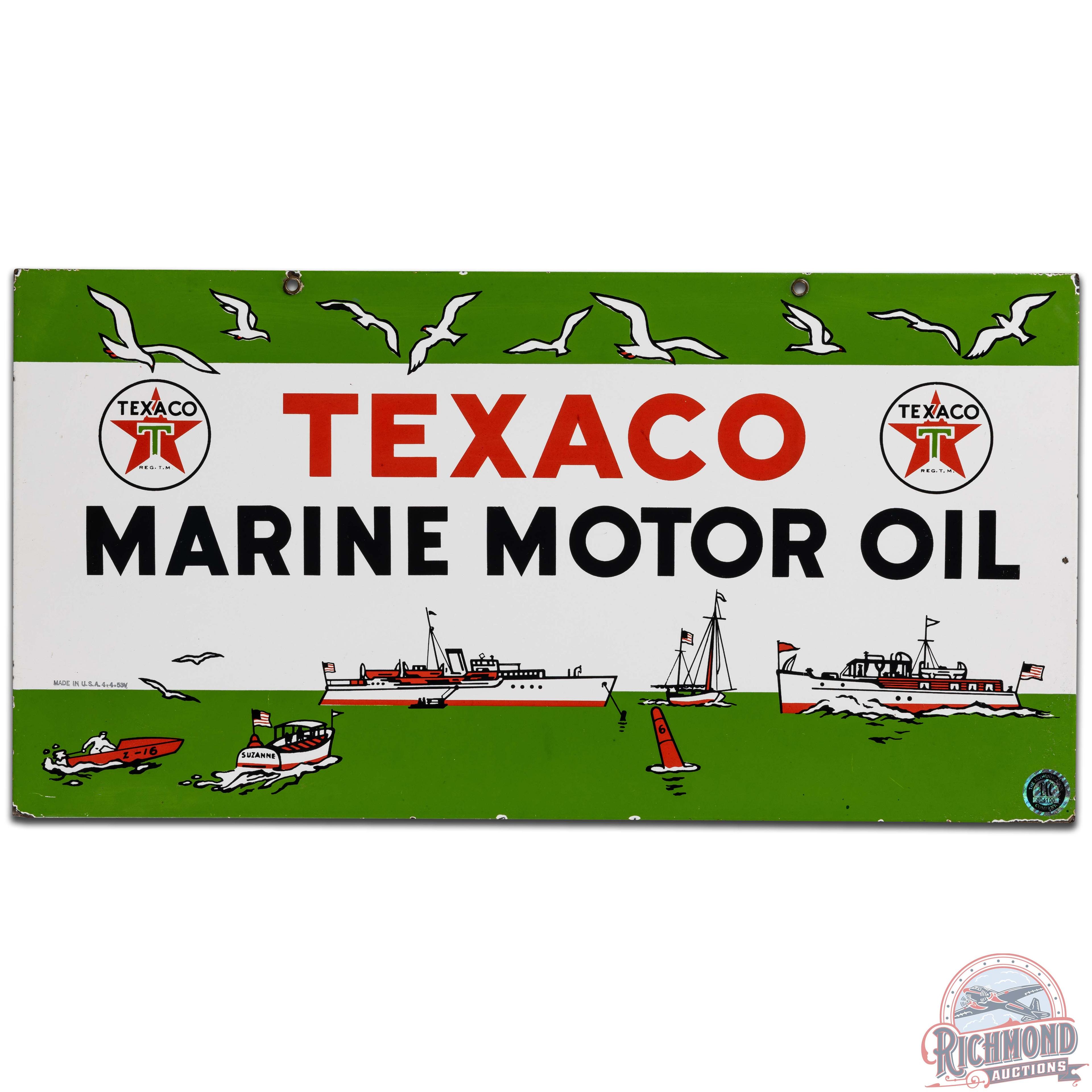 Texaco Marine Motor Oil DS Porcelain Sign w/ Ships "White T"