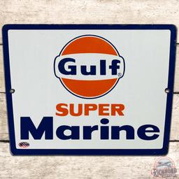 Gulf Super Marine SS Porcelain Gas Pump Plate Sign w/ Logo