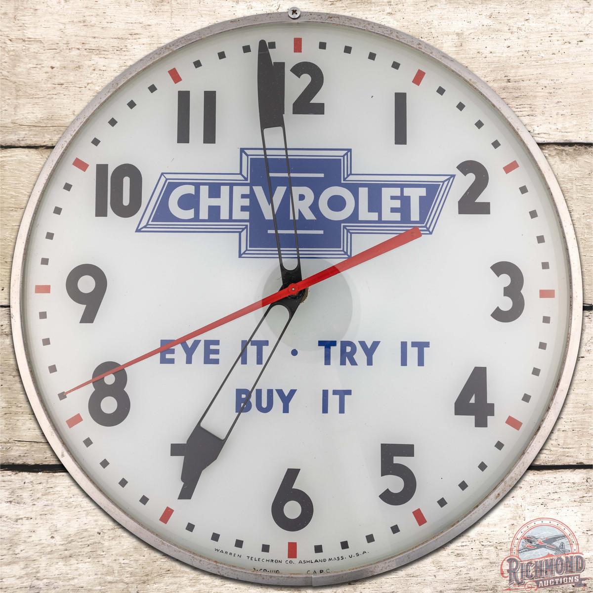 Chevrolet Eye It Try It Buy It 15" Telechron Advertising Clock w/ Bowtie