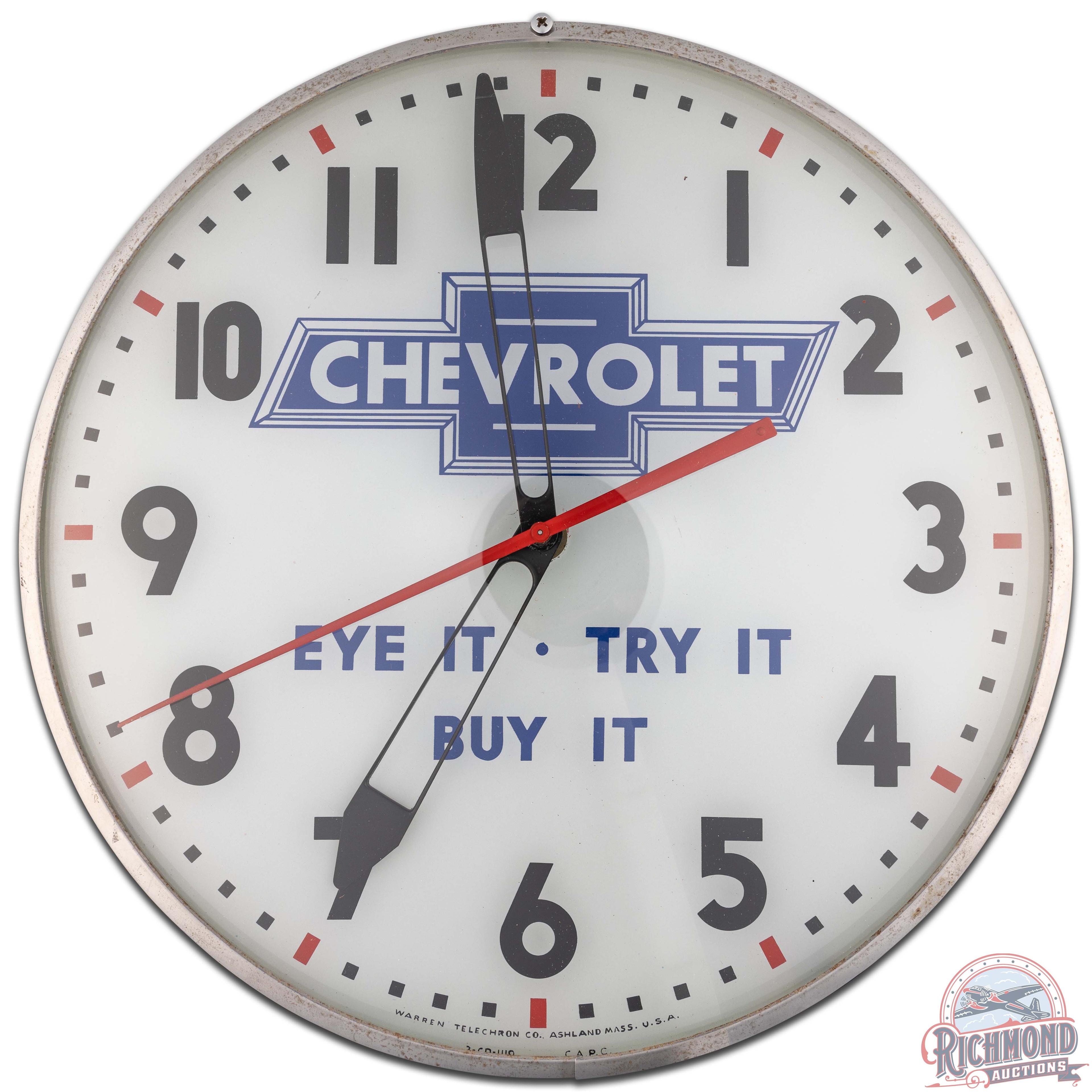 Chevrolet Eye It Try It Buy It 15" Telechron Advertising Clock w/ Bowtie