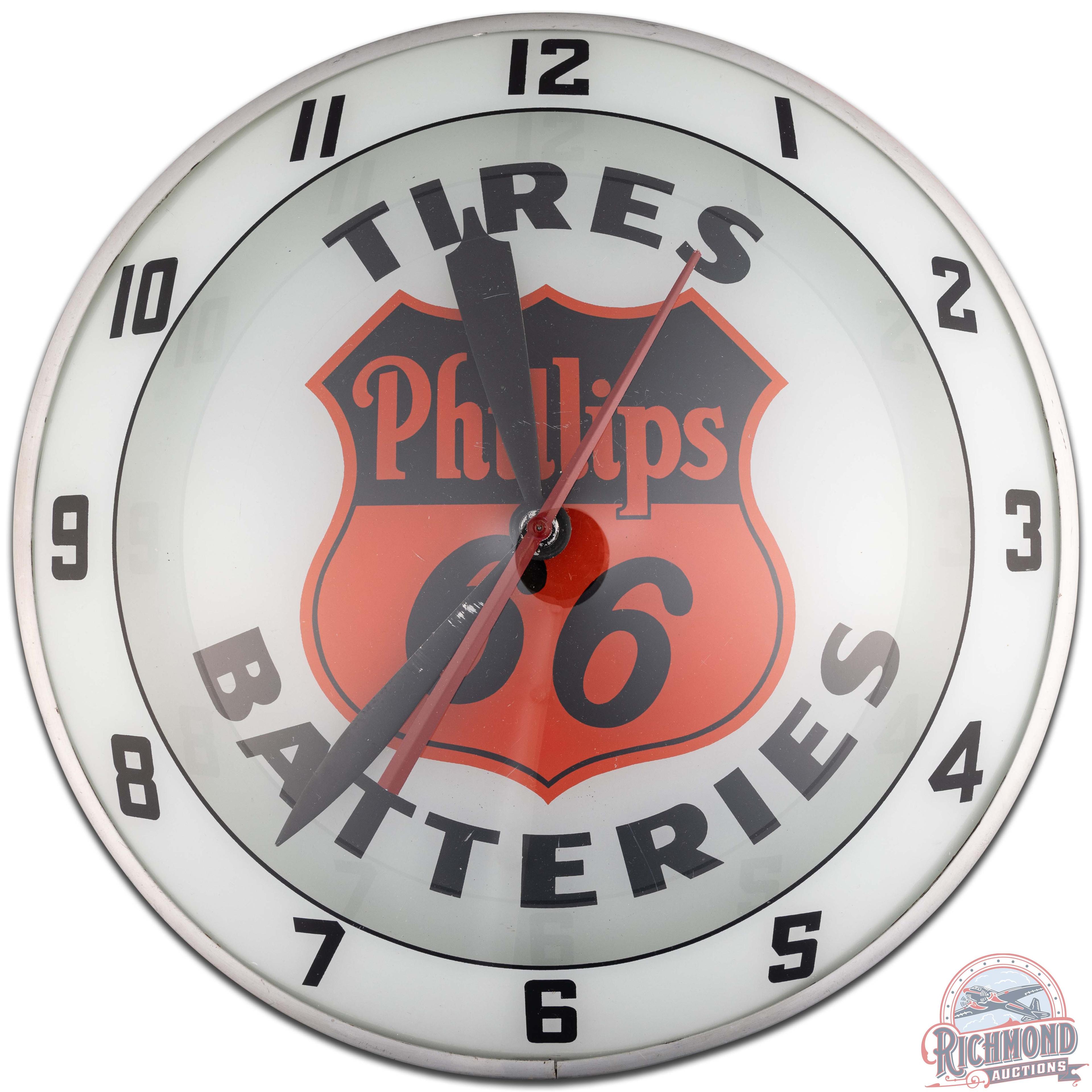 Phillips 66 Tires & Batteries 15" Double Bubble Advertising Clock w/ Logo