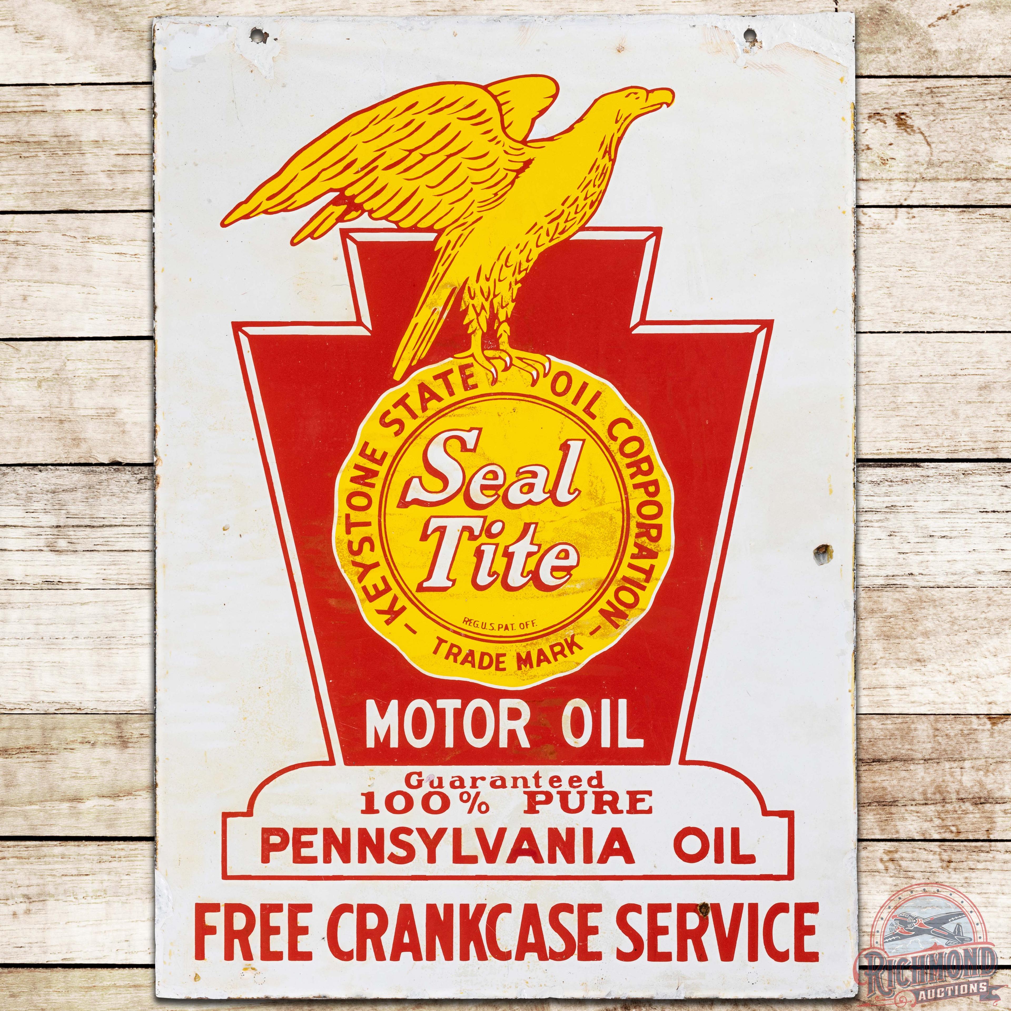 Scarce Keystone State Oil Co. Seal Tite Motor Oil DS Porcelain Sign w/ Eagle