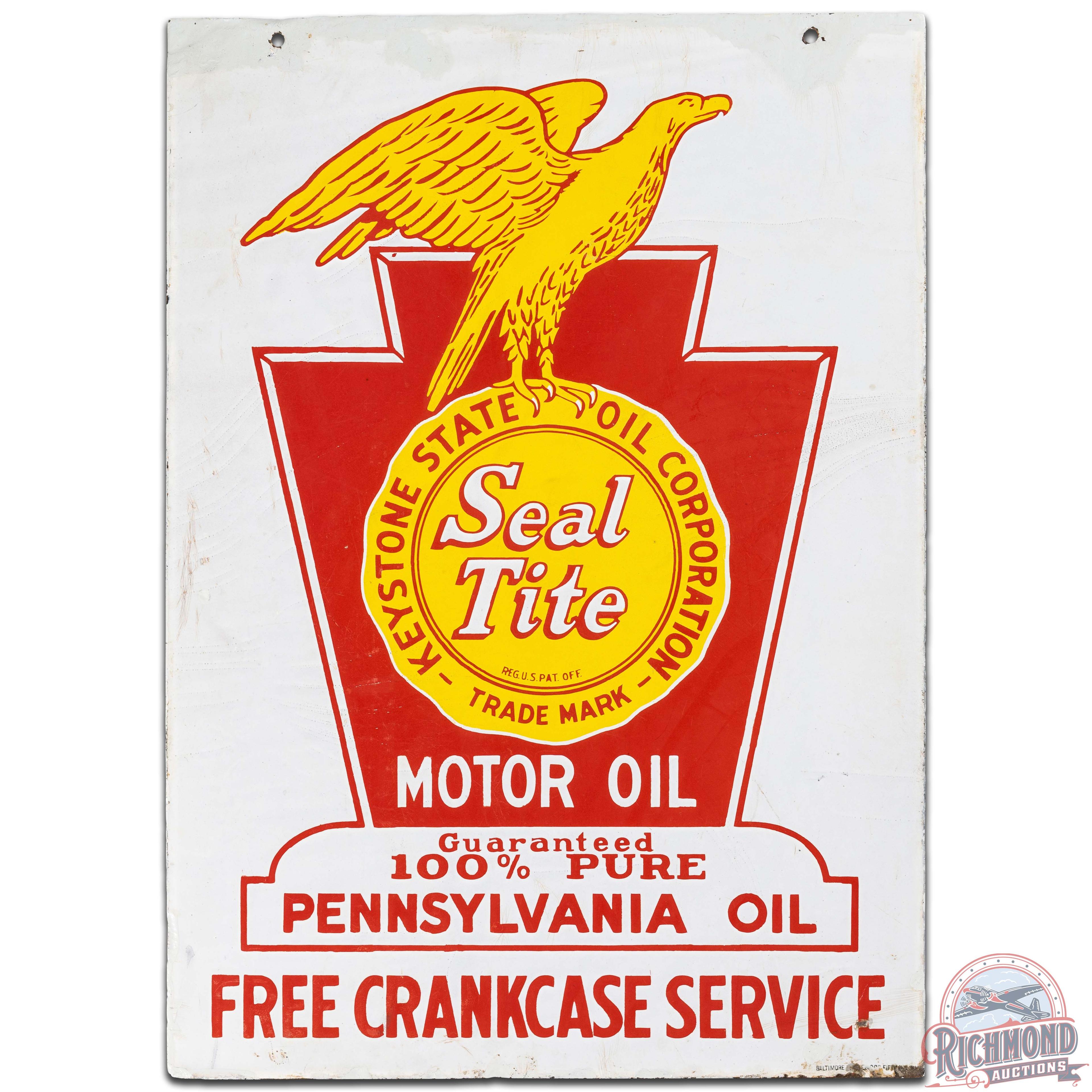 Scarce Keystone State Oil Co. Seal Tite Motor Oil DS Porcelain Sign w/ Eagle