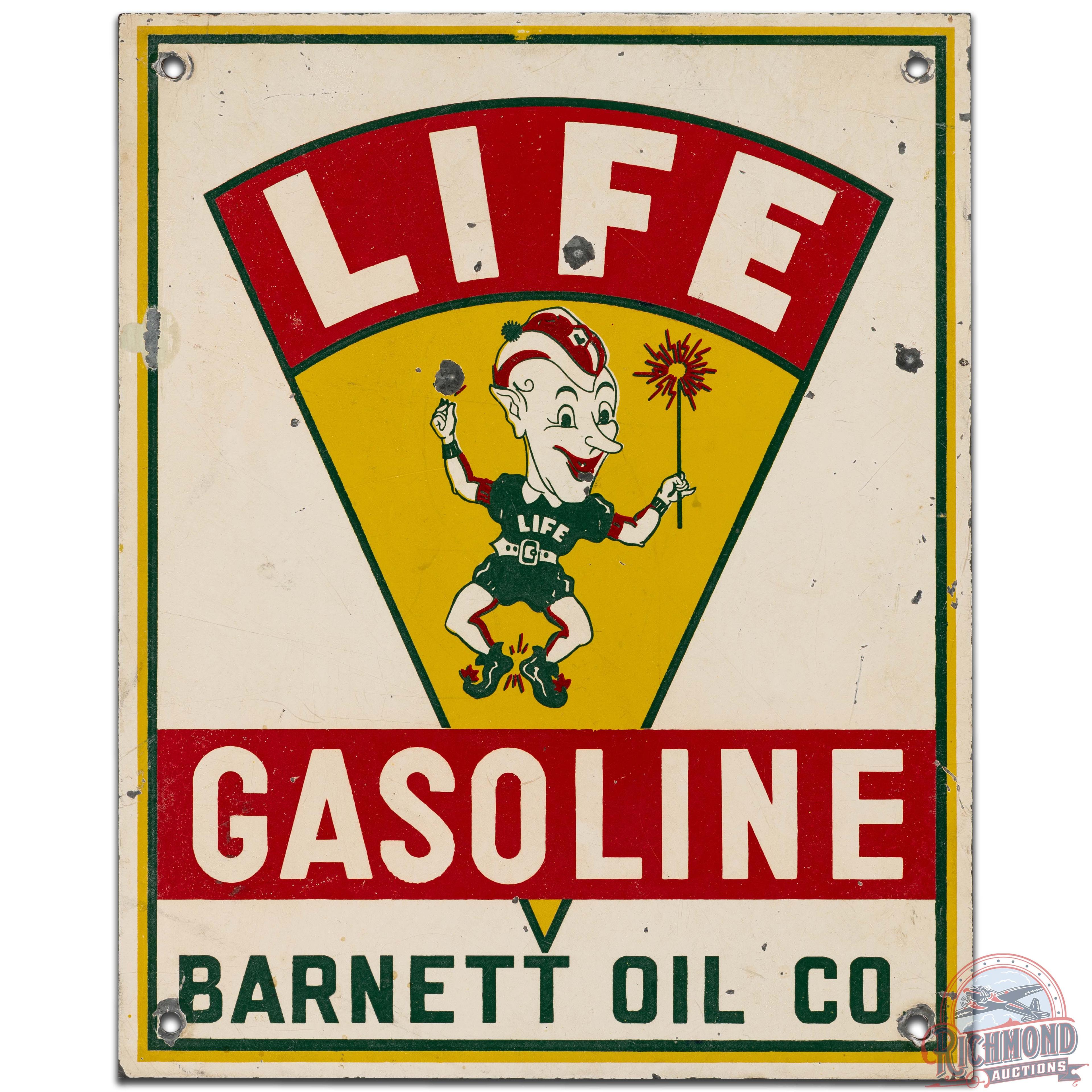 Life Gasoline Barnett Oil Co. SS Tin Pump Plate Sign w/ Elf