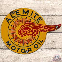 Alemite Motor Oil Die Cut SS Porcelain Lubester Sign w/ Fireball