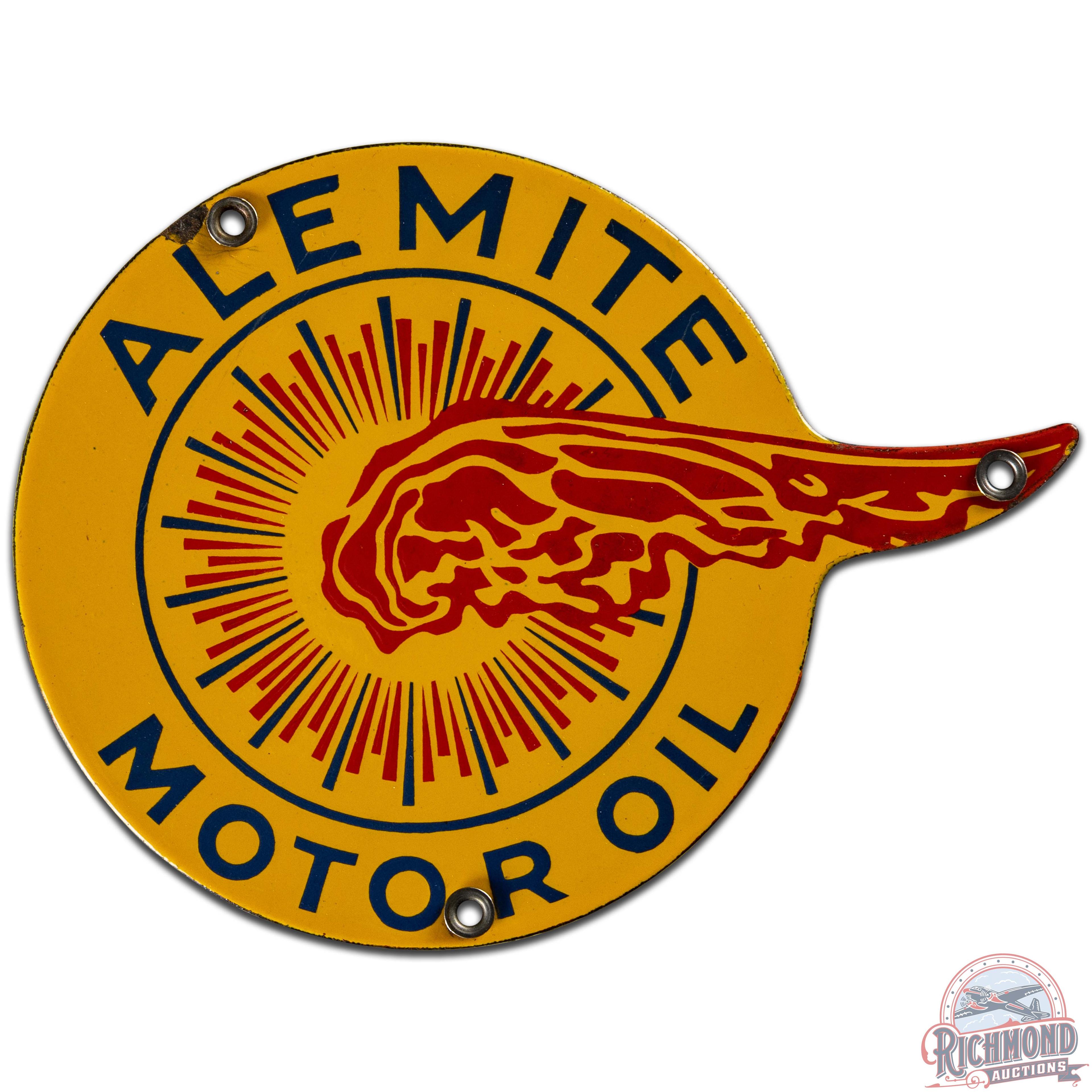 Alemite Motor Oil Die Cut SS Porcelain Lubester Sign w/ Fireball