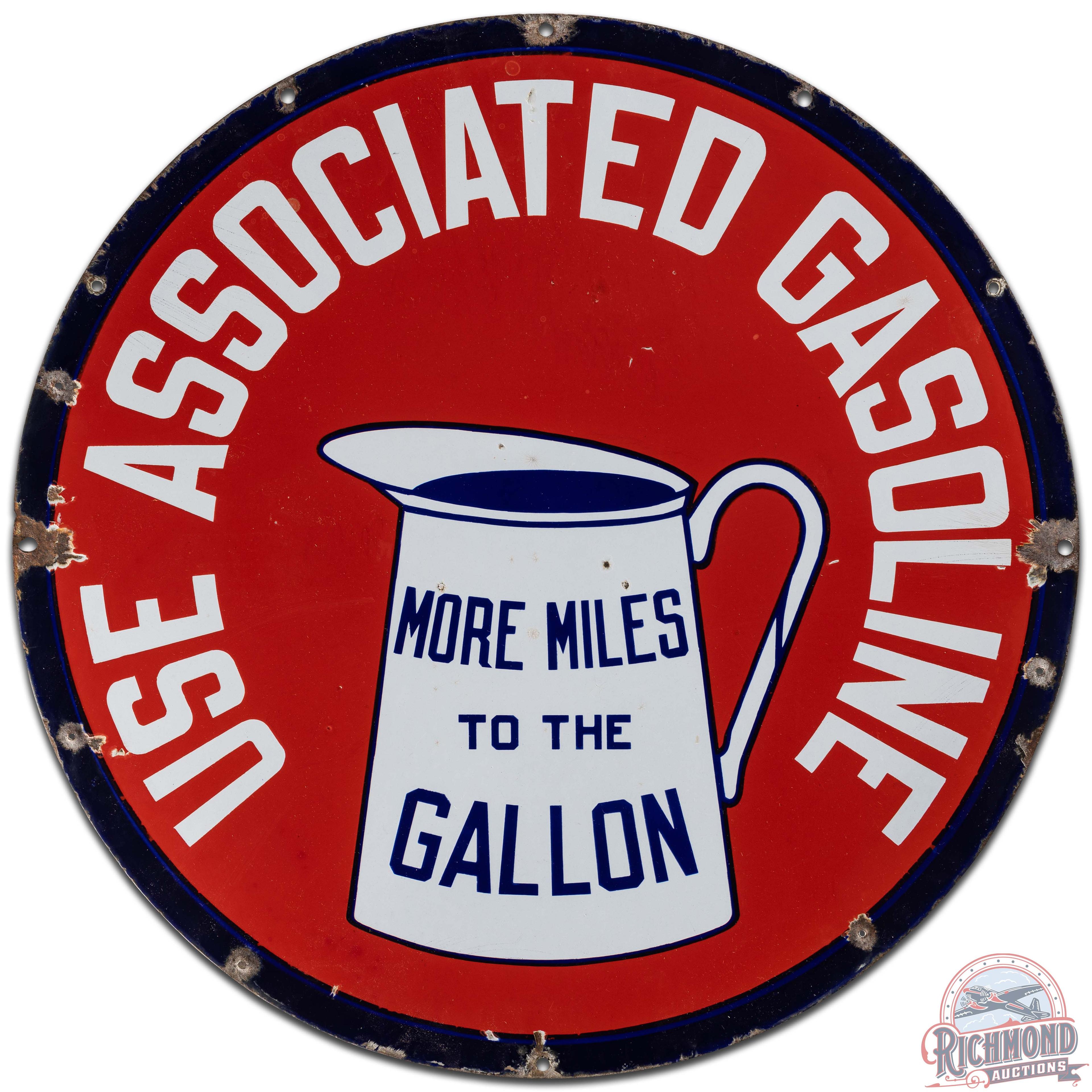 Use Associated Gasoline More Miles to the Gallon DS Porcelain Sign