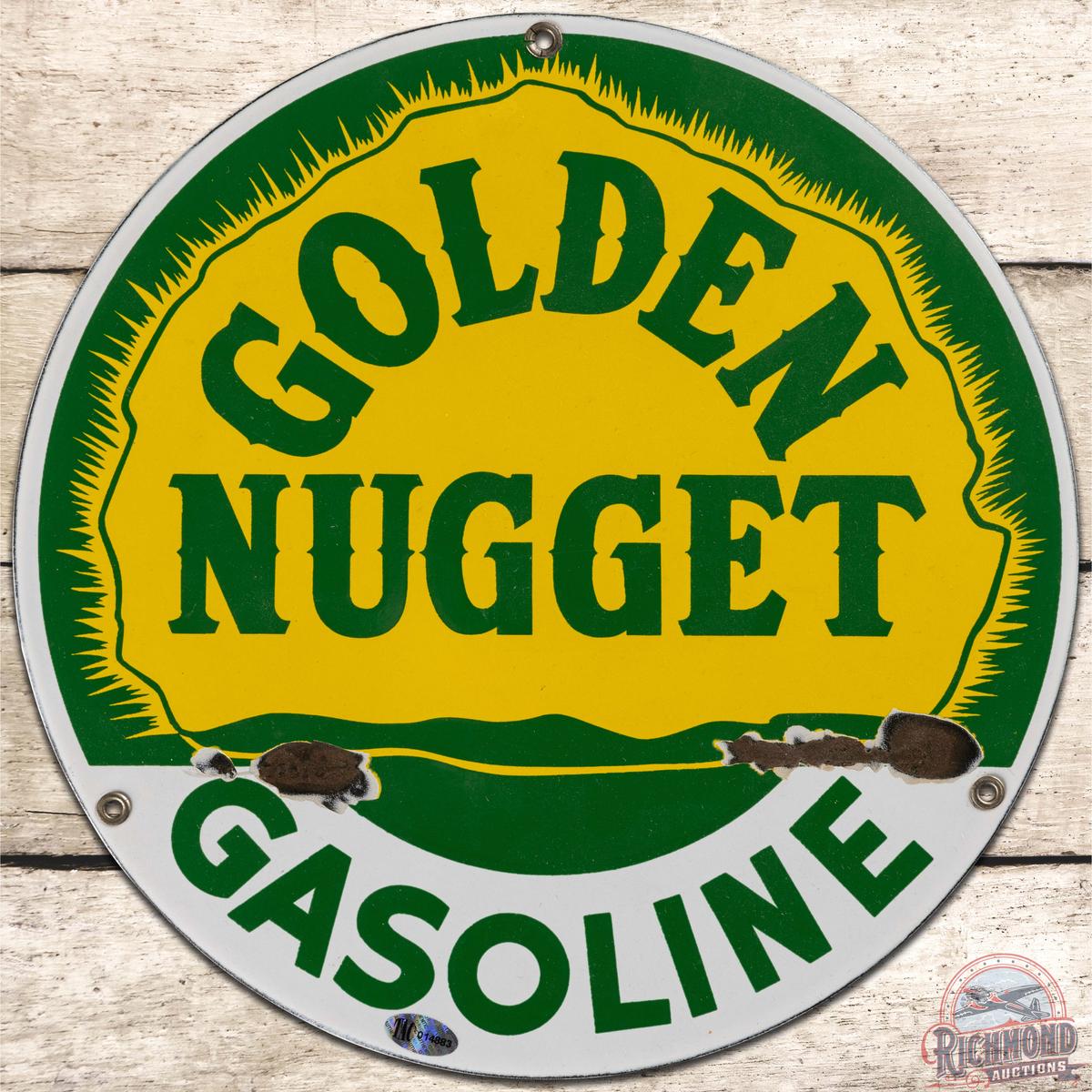 Golden Nugget Gasoline SS Porcelain Pump Plate Sign