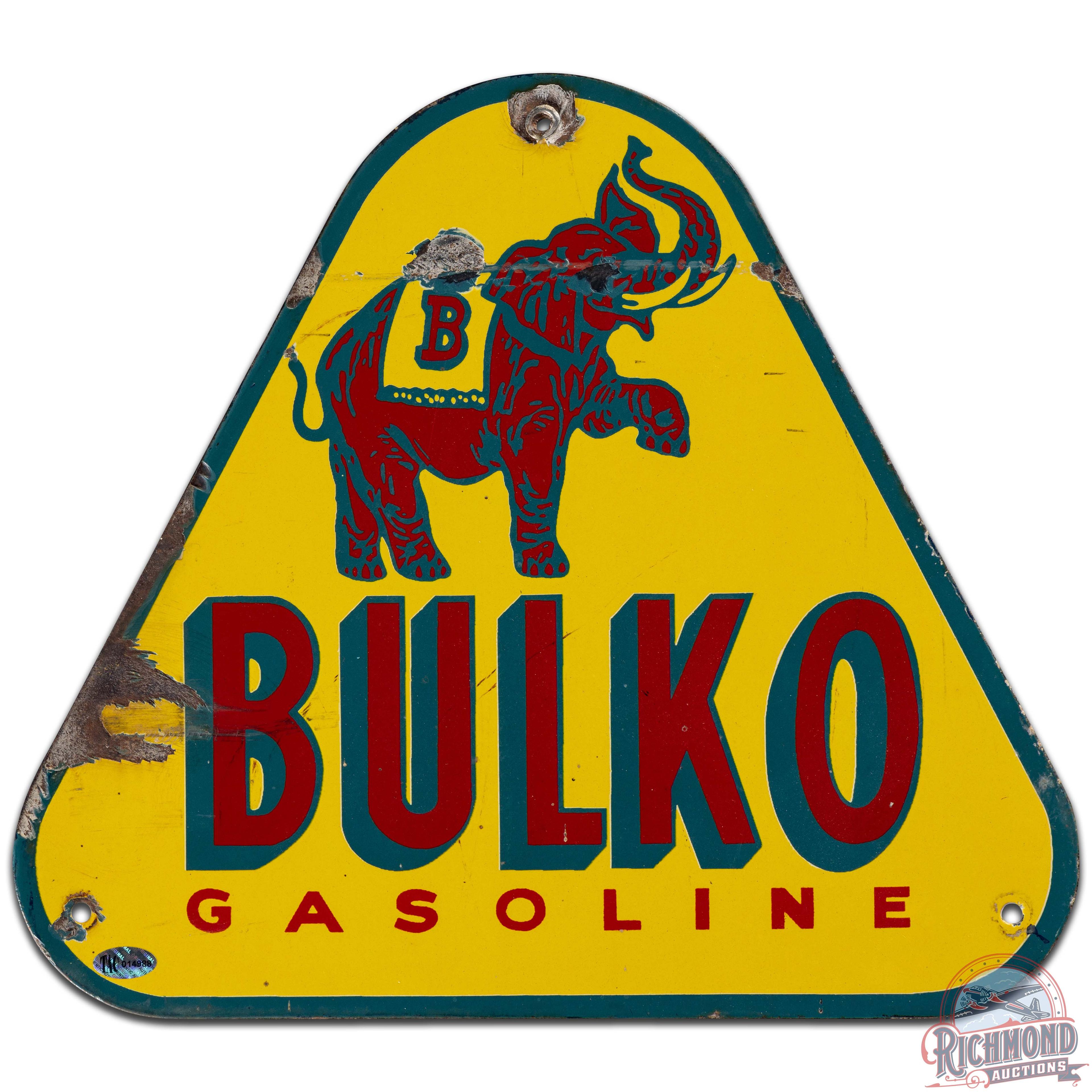 Rare Bulko Gasoline SS Porcelain Pump Plate Sign w/ Elephant