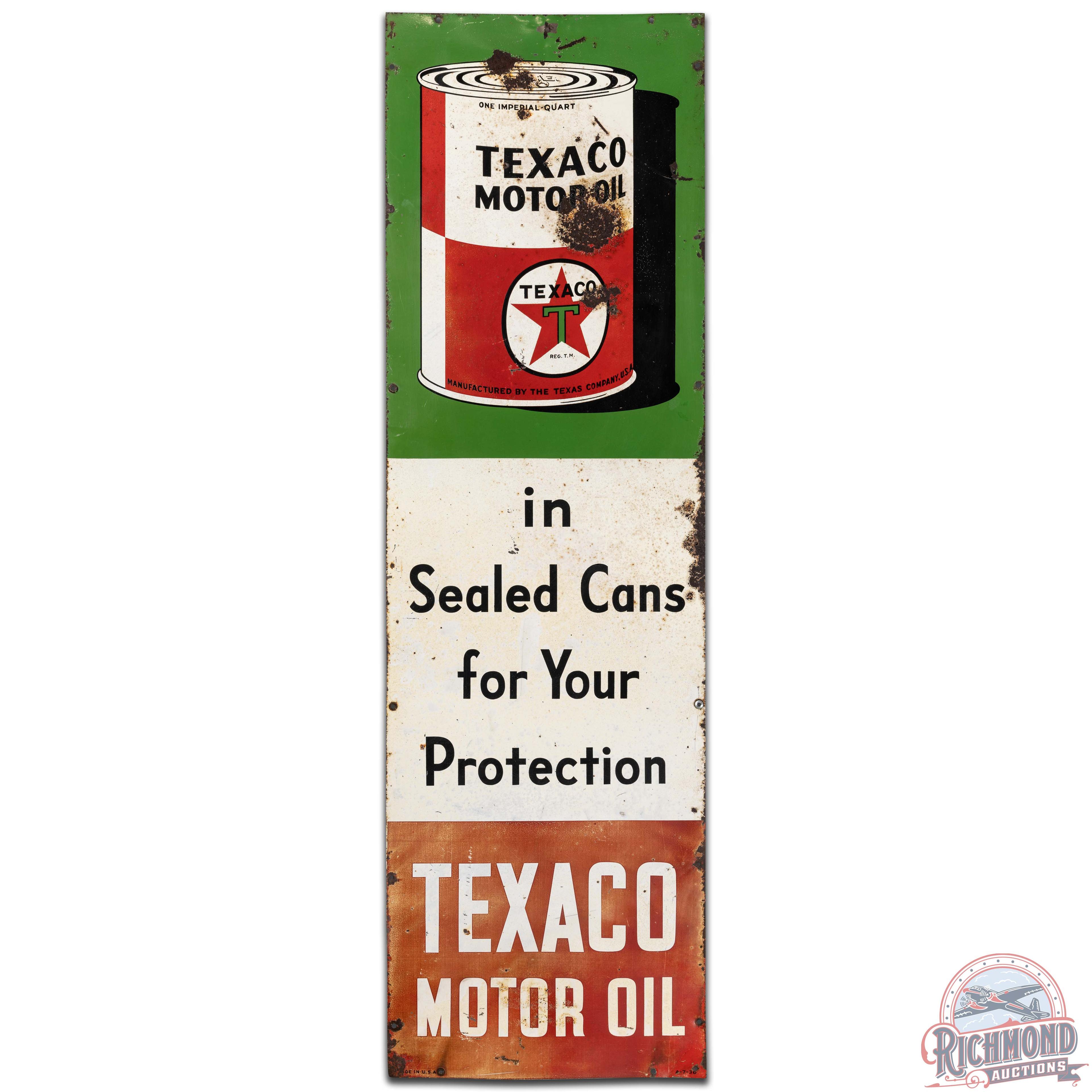 Rare Texaco Motor Oil in Sealed Cans for your Protection Vertical SS Tin Sign