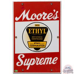 Moore's Supreme Ethyl SS Porcelain Gas Pump Plate Sign w/ Logo