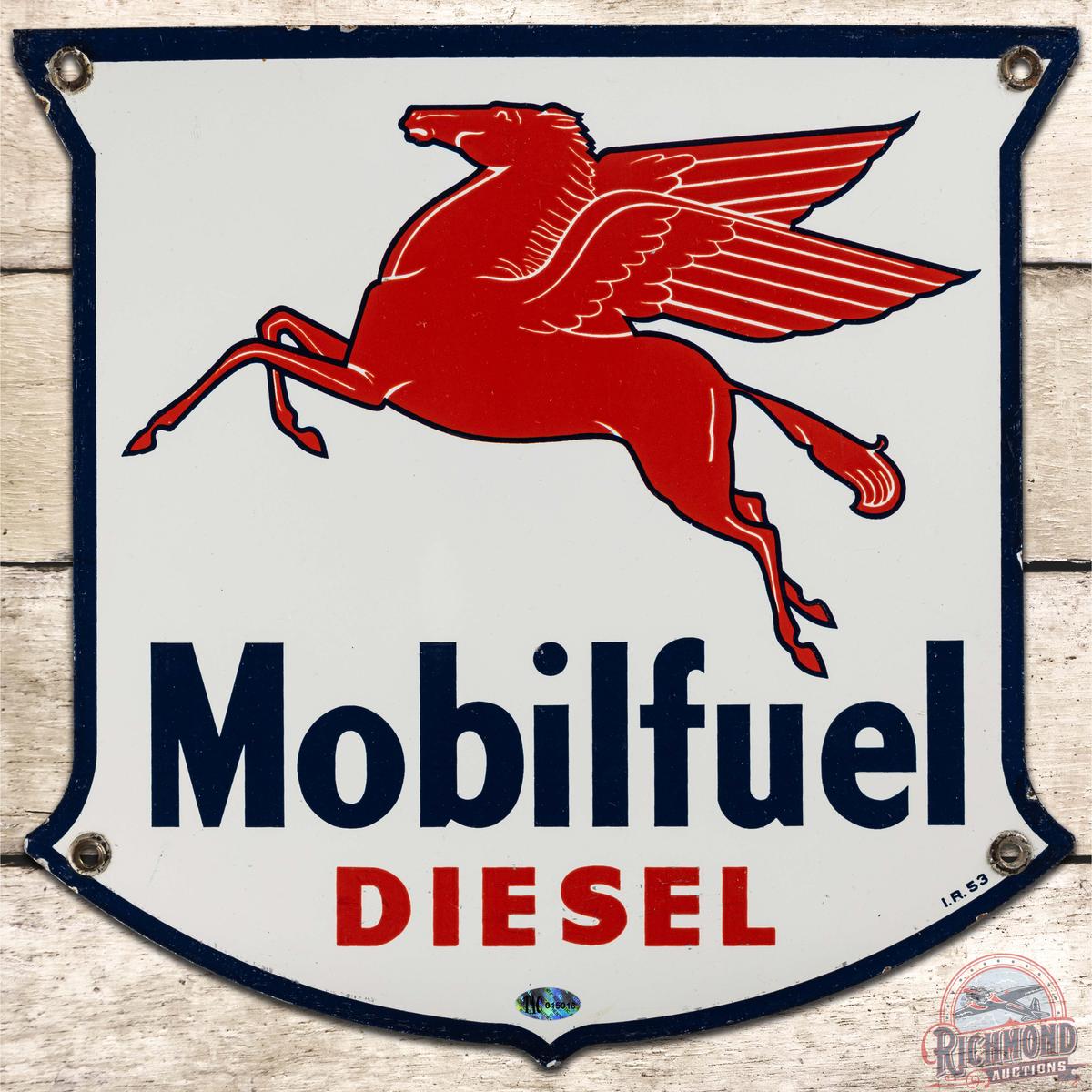 1953 Mobilfuel Diesel SS Porcelain Gas Pump Plate Sign w/ Pegasus