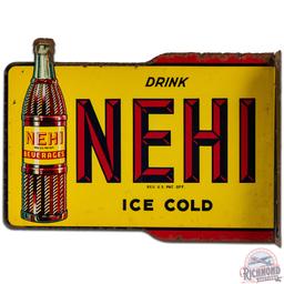 Drink Nehi Ice Cold Beverages Die Cut DS Tin Flange Sign w/ Bottle
