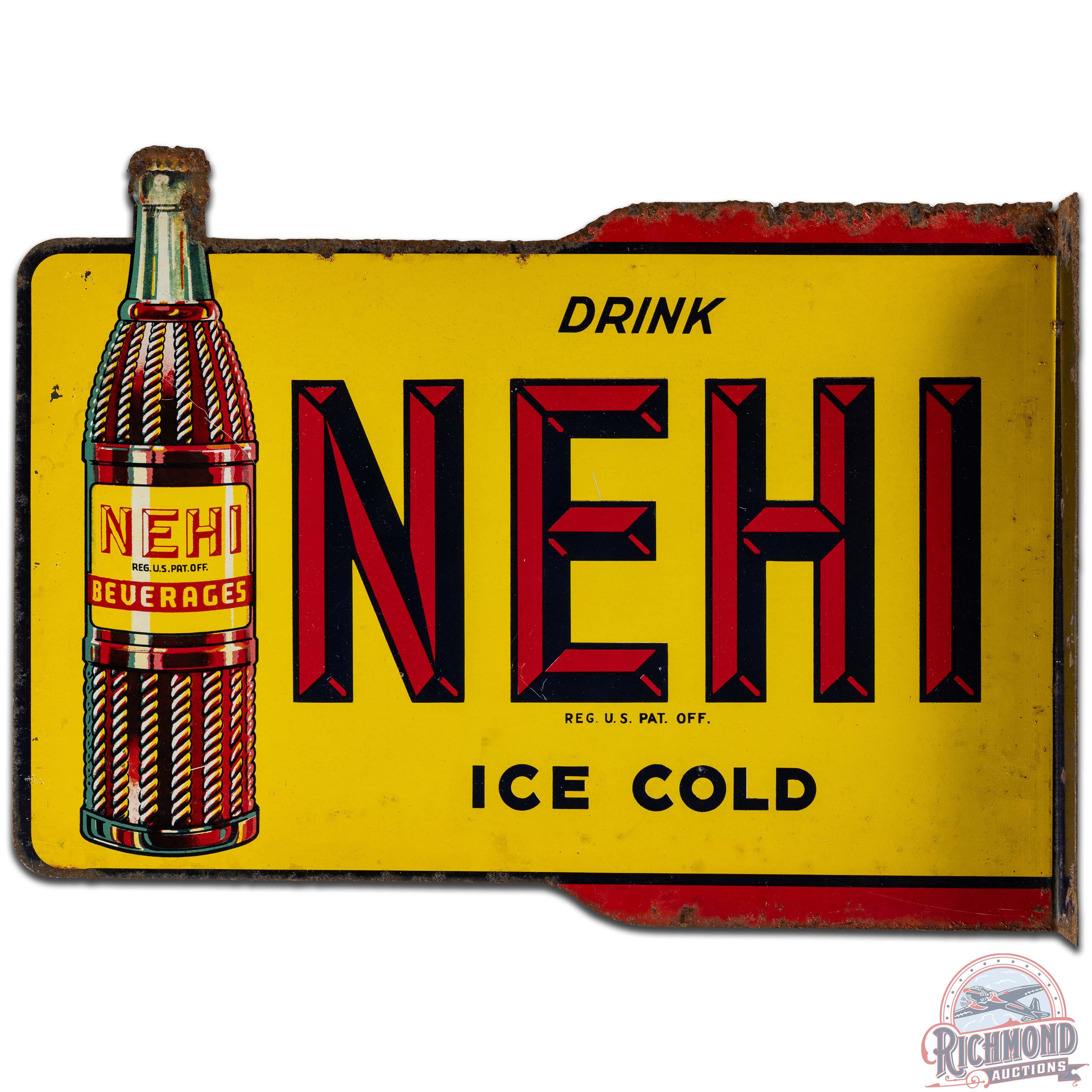 Drink Nehi Ice Cold Beverages Die Cut DS Tin Flange Sign w/ Bottle