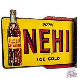 Drink Nehi Ice Cold Beverages Die Cut DS Tin Flange Sign w/ Bottle