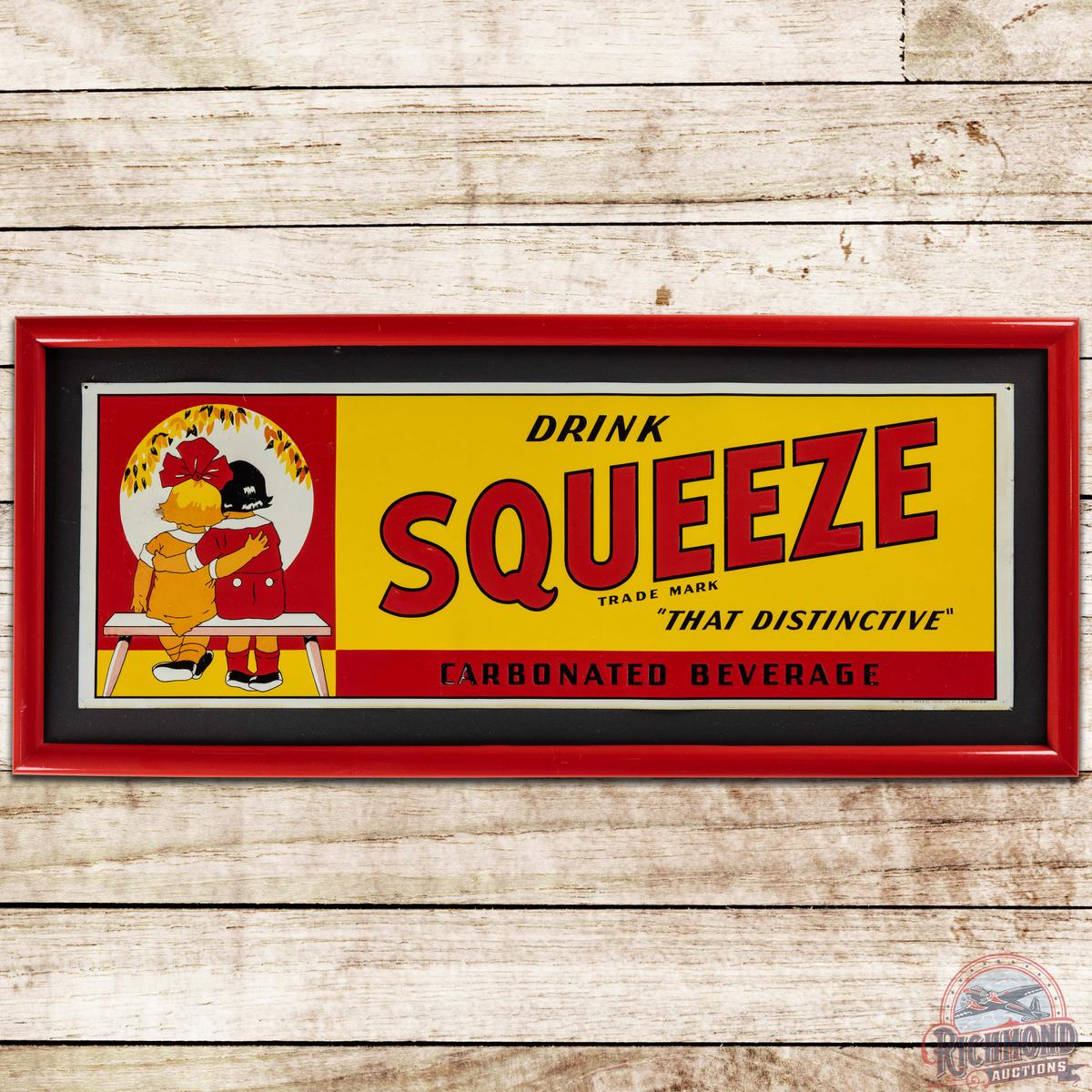 Drink Squeeze "That Distinctive" Beverage Embossed SS Tin Sign w/ Kids