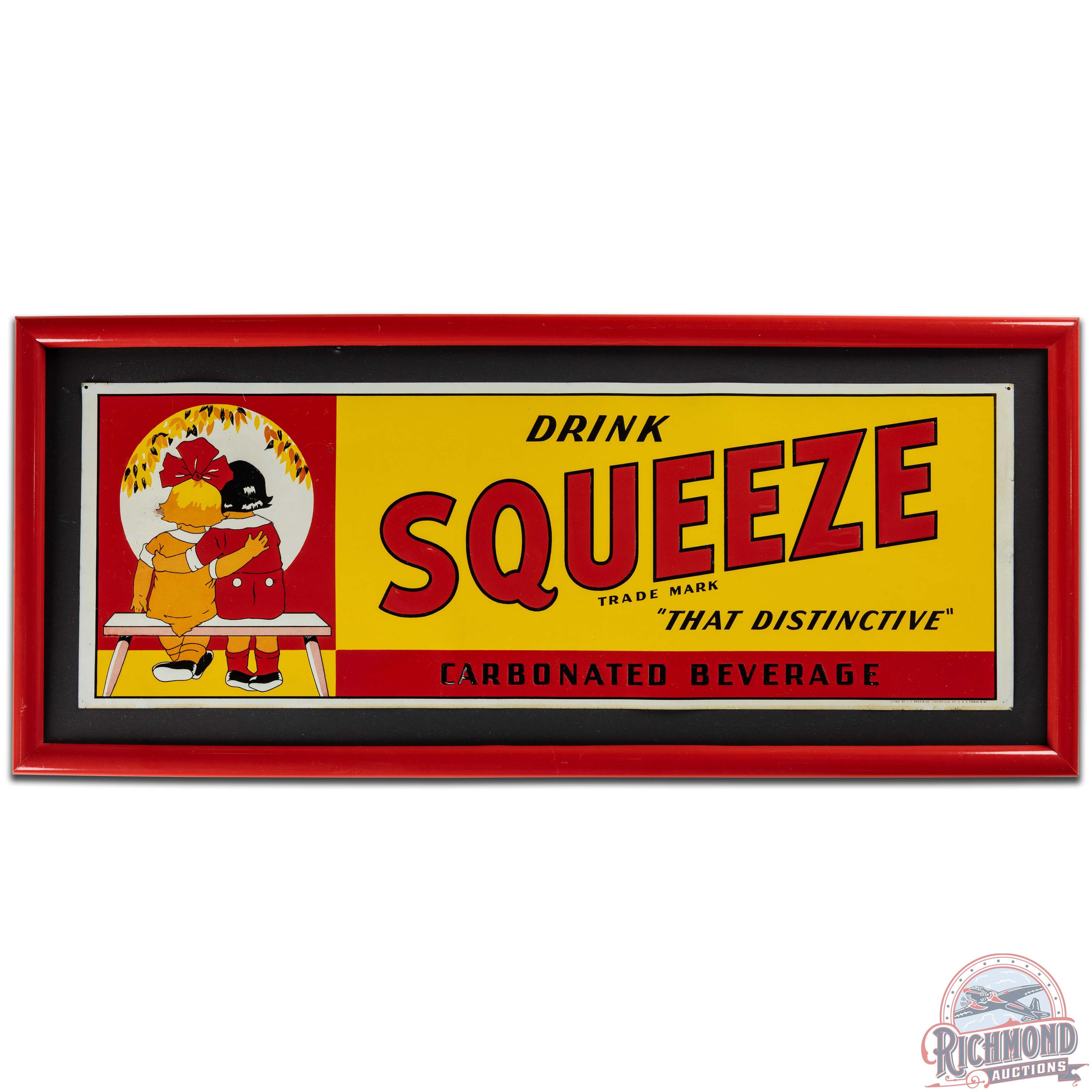 Drink Squeeze "That Distinctive" Beverage Embossed SS Tin Sign w/ Kids