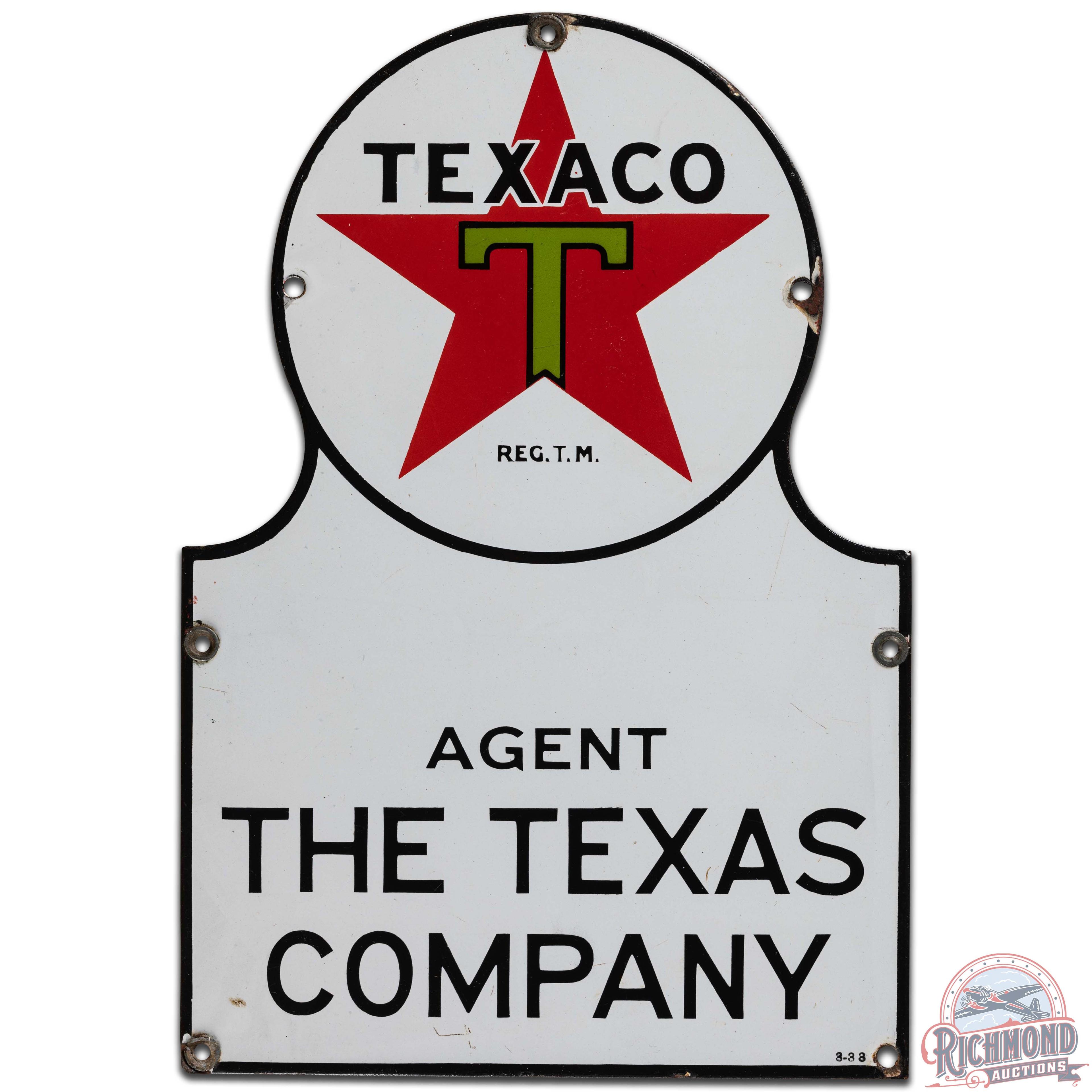 1933 Texaco Agent The Texas Company SS Porcelain Truck Keyhole Sign "Black T"