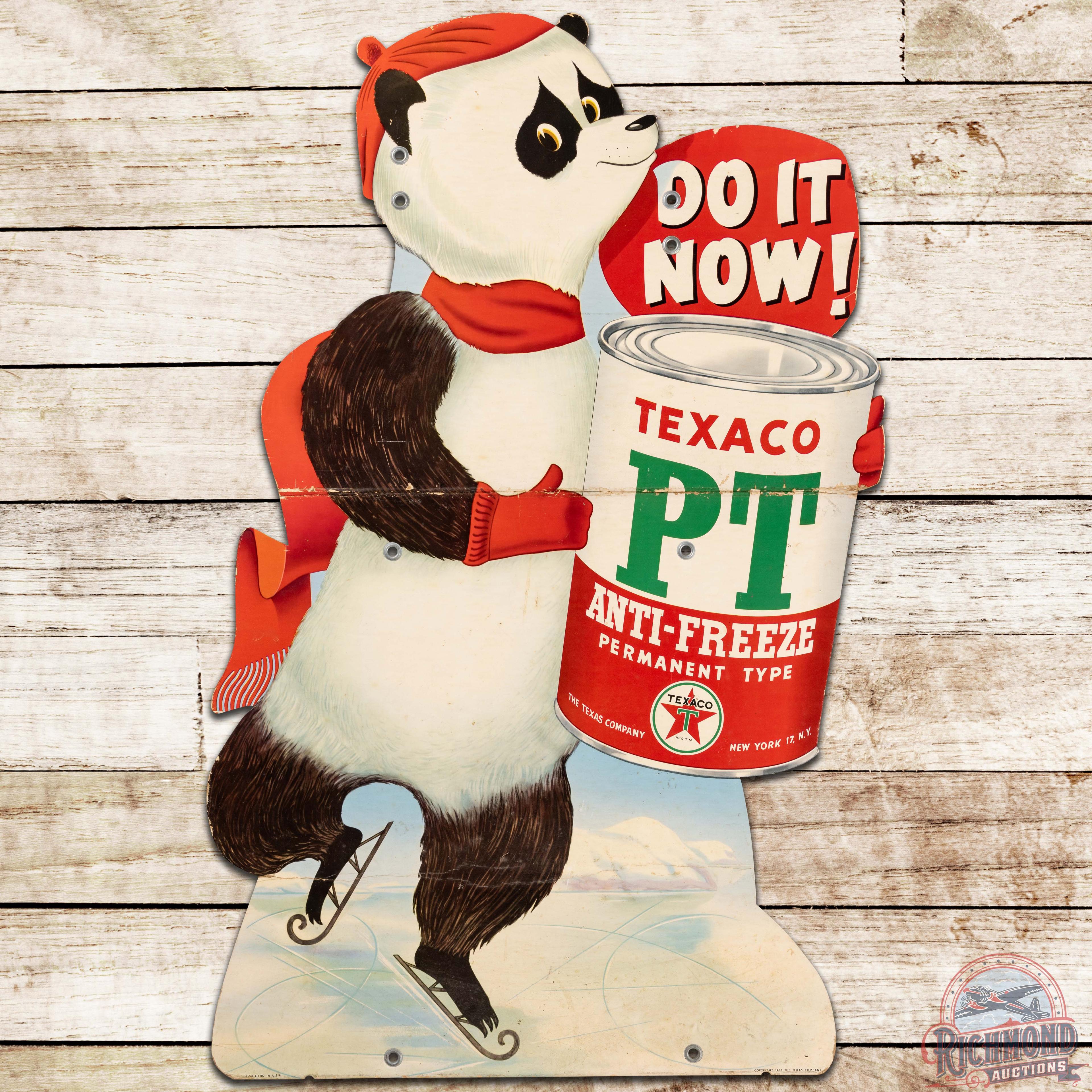 Do It Now! Texaco PT Anti-Freeze Die Cut Cardboard Sign w/ Skating Panda