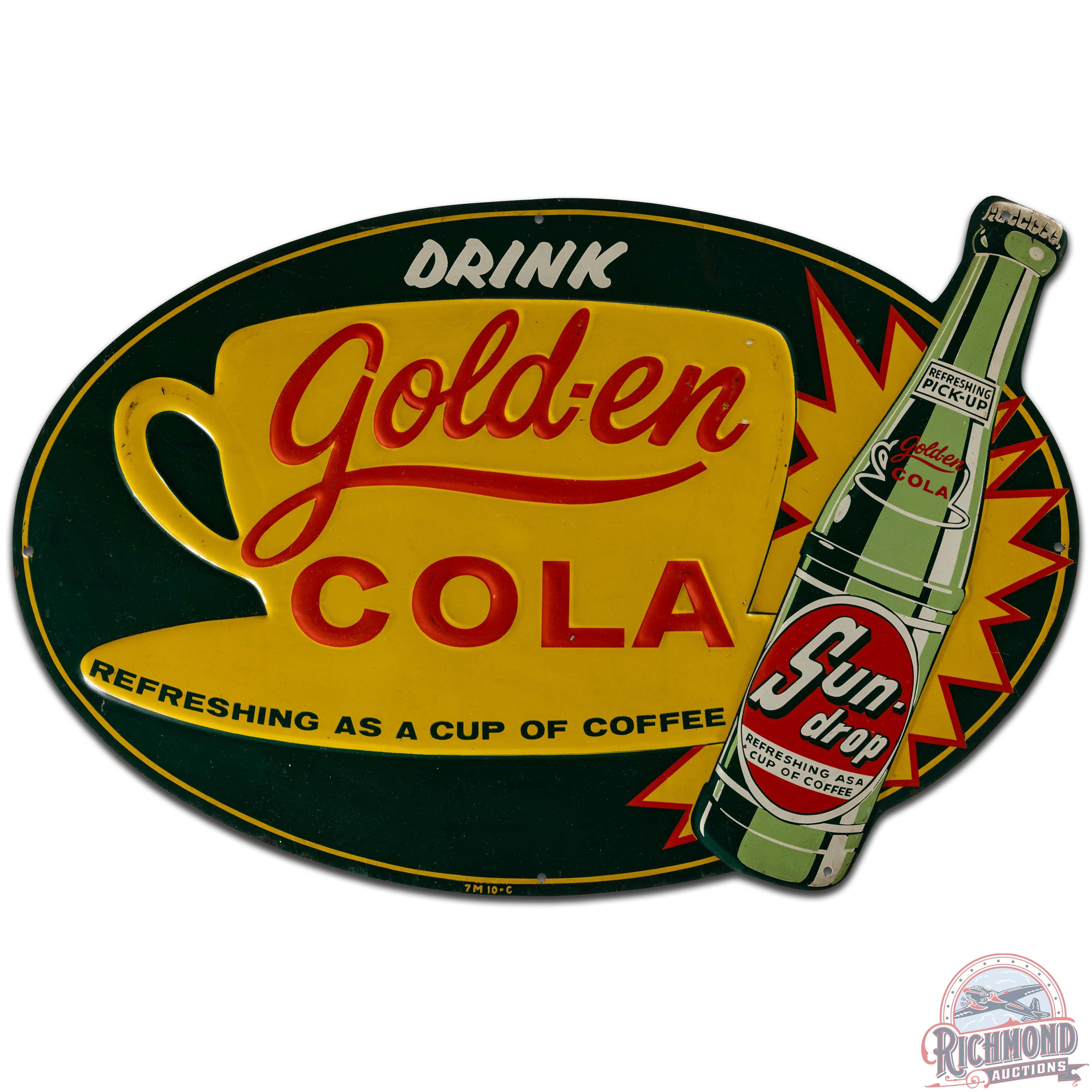 Drink Golden Cola Die Cut Embossed SS Tin Sign w/ Coffee Cup & Bottle