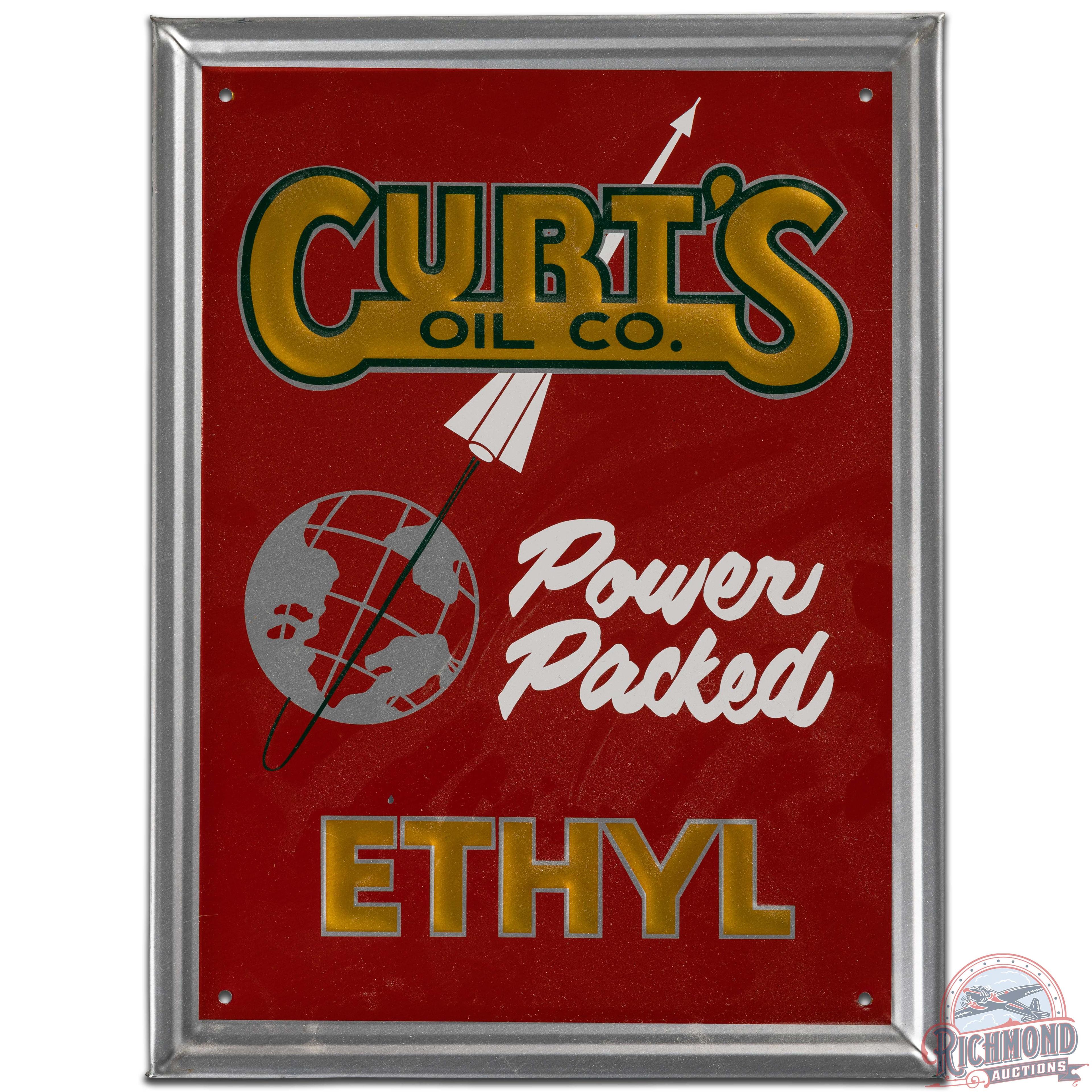 NOS Curt's Oil Co Power Packed Ethyl Emb. SS Tin Pump Plate Sign