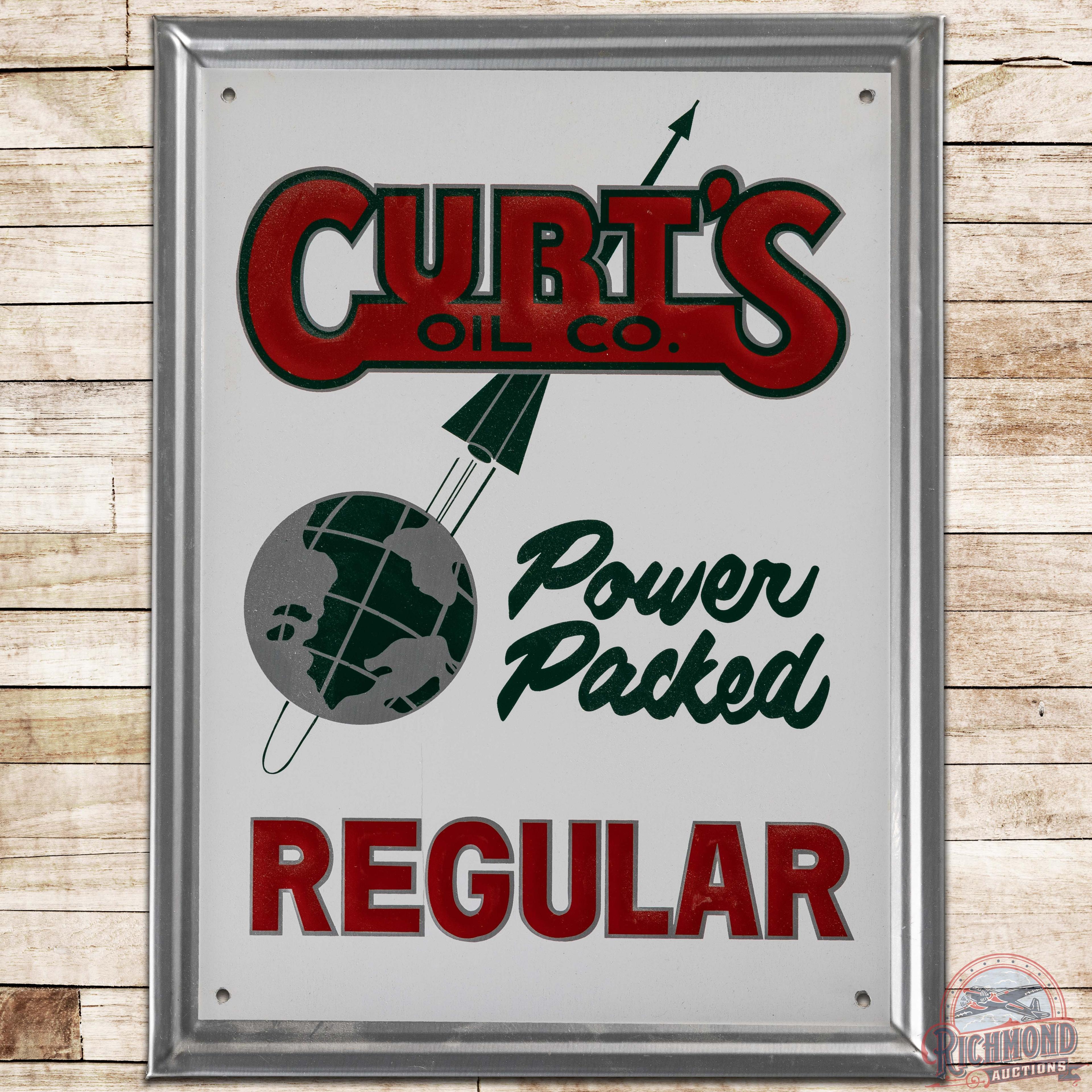 NOS Curt's Oil Co Power Packed Regular Emb. SS Tin Pump Plate Sign