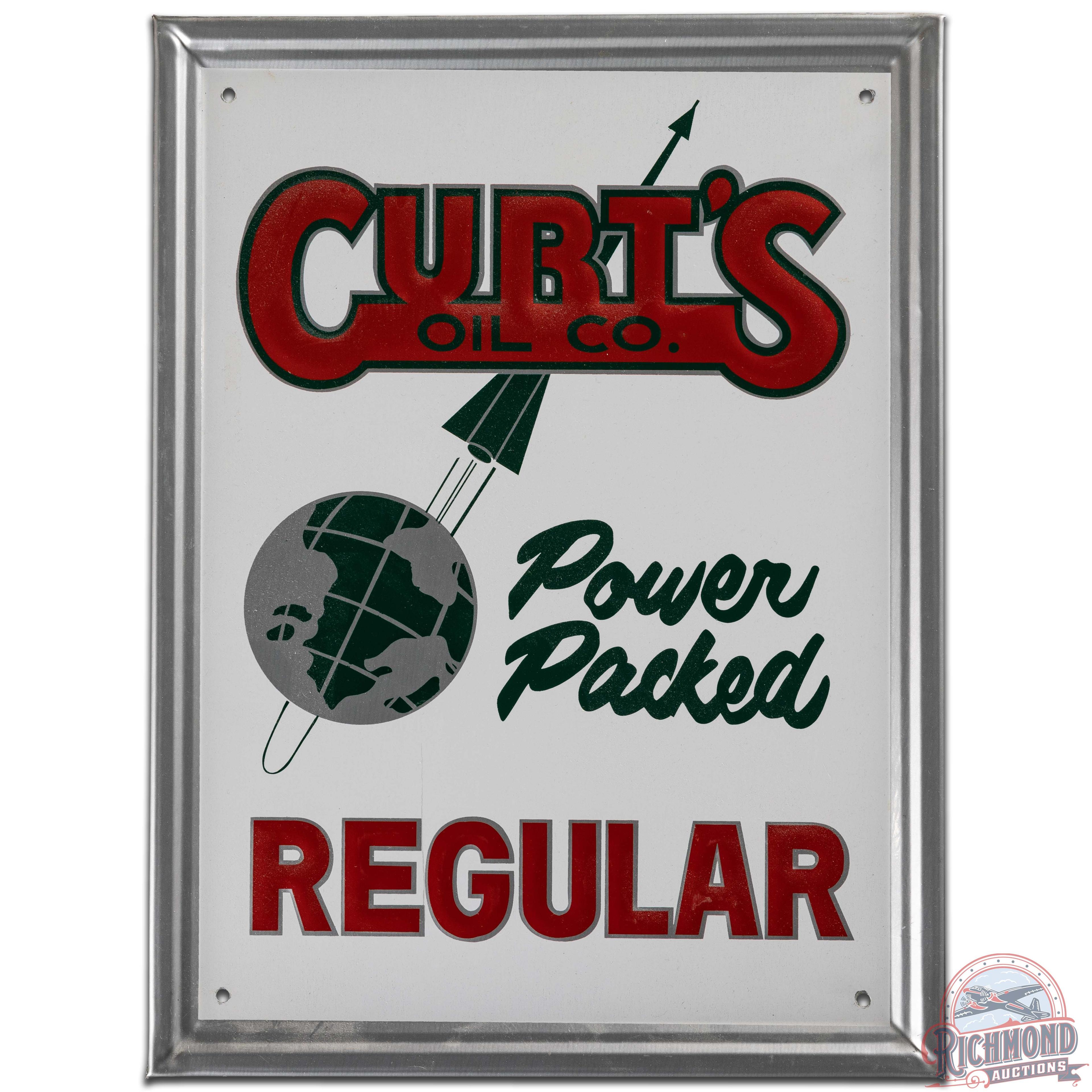 NOS Curt's Oil Co Power Packed Regular Emb. SS Tin Pump Plate Sign