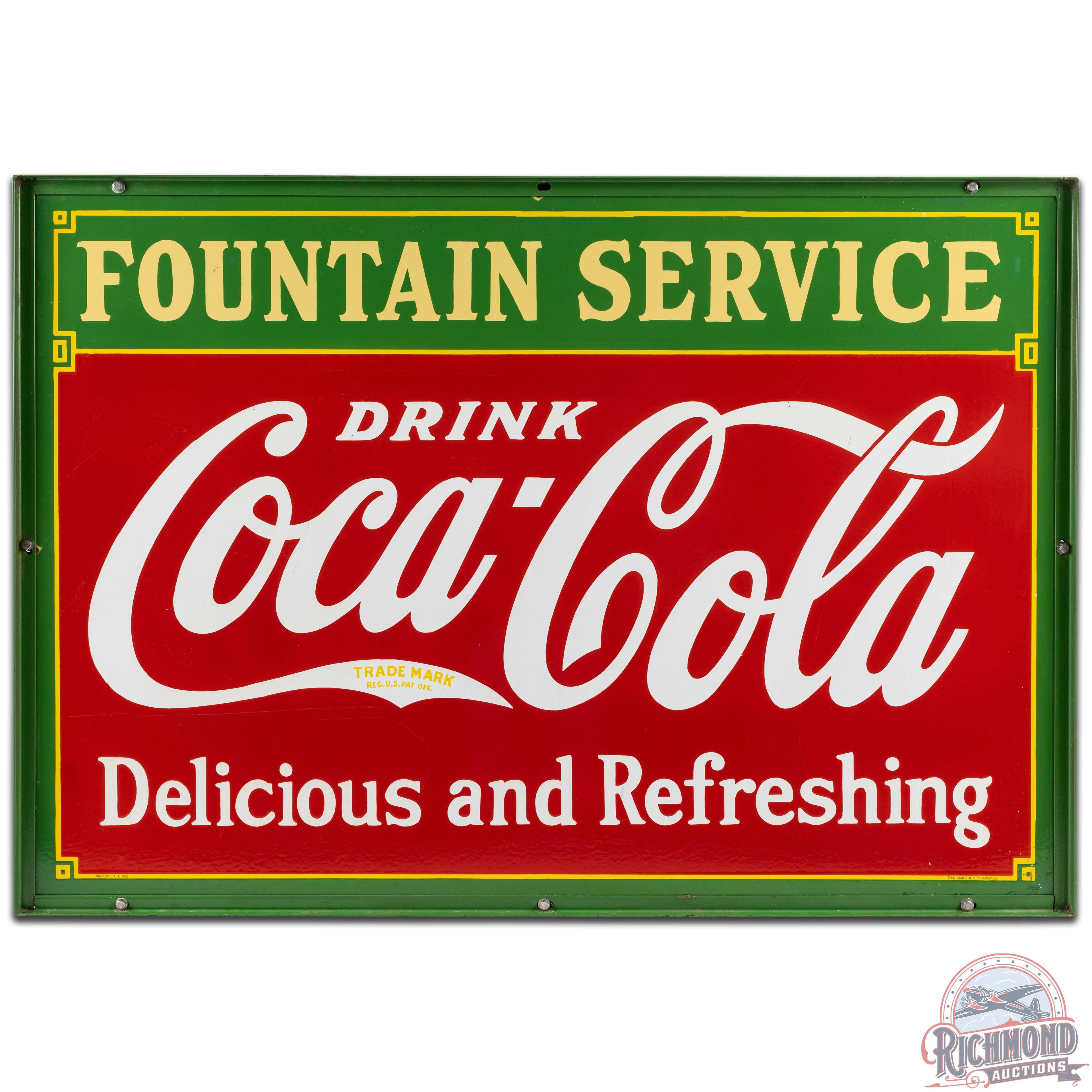 Drink Coca Cola Delicious and Refreshing Fountain Service DS Porcelain Sign w/ Frame