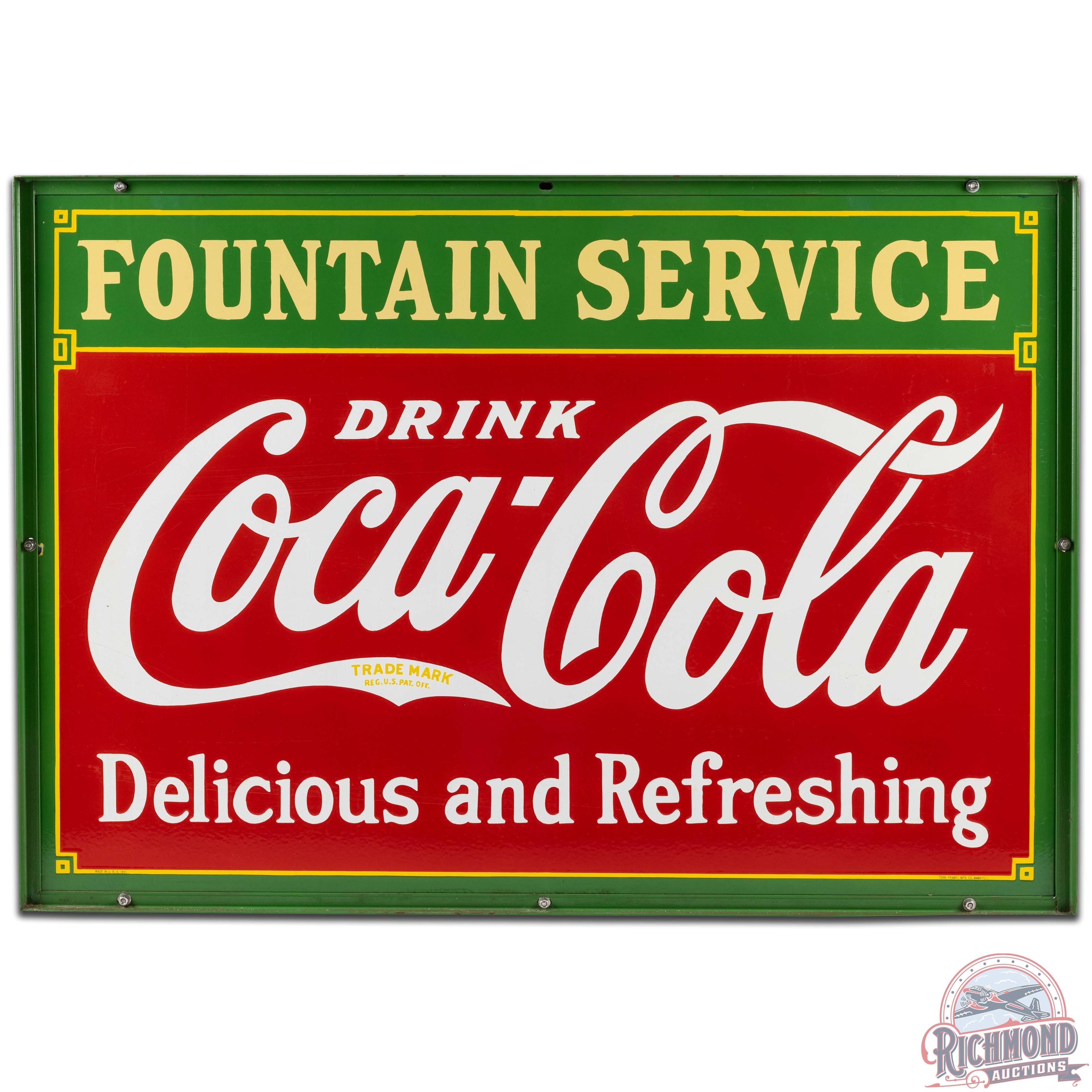 Drink Coca Cola Delicious and Refreshing Fountain Service DS Porcelain Sign w/ Frame