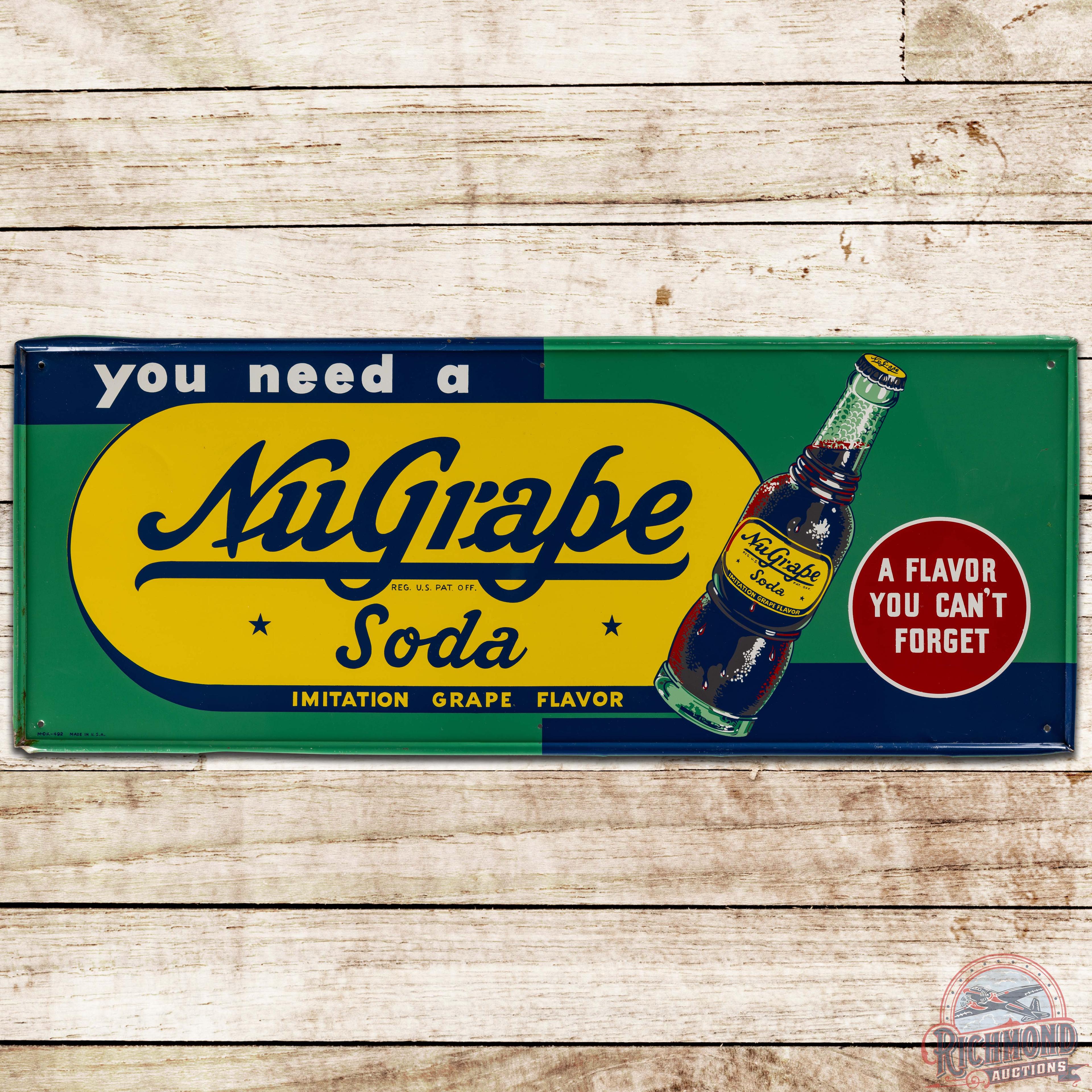 Nugrape Soda "A Flavor You Can't Forget" SS Tin Sign w/ Bottle