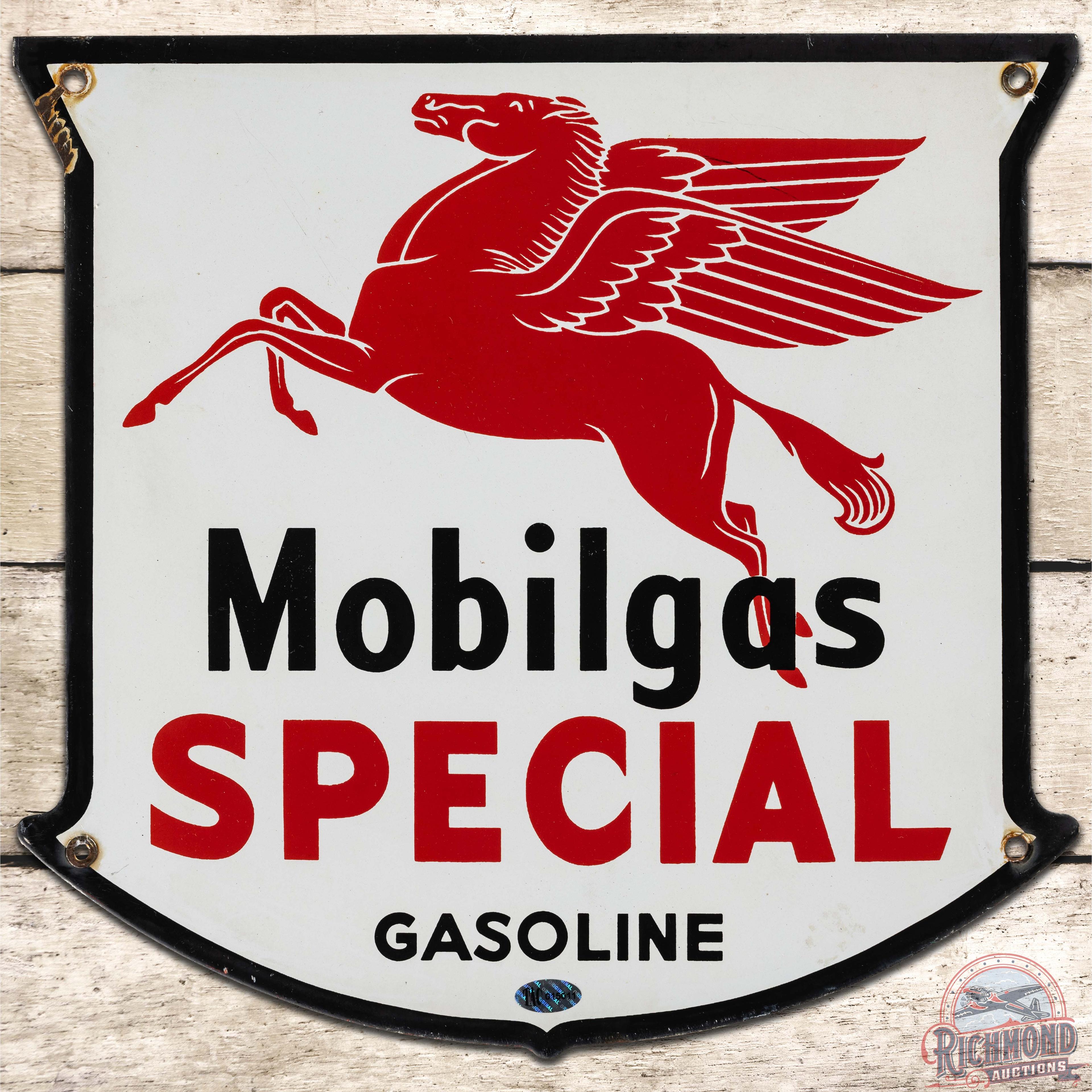 West Coast Mobilgas Special Gasoline SS Porcelain Gas Pump Plate Sign w/ Drop Leg