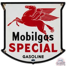 West Coast Mobilgas Special Gasoline SS Porcelain Gas Pump Plate Sign w/ Drop Leg