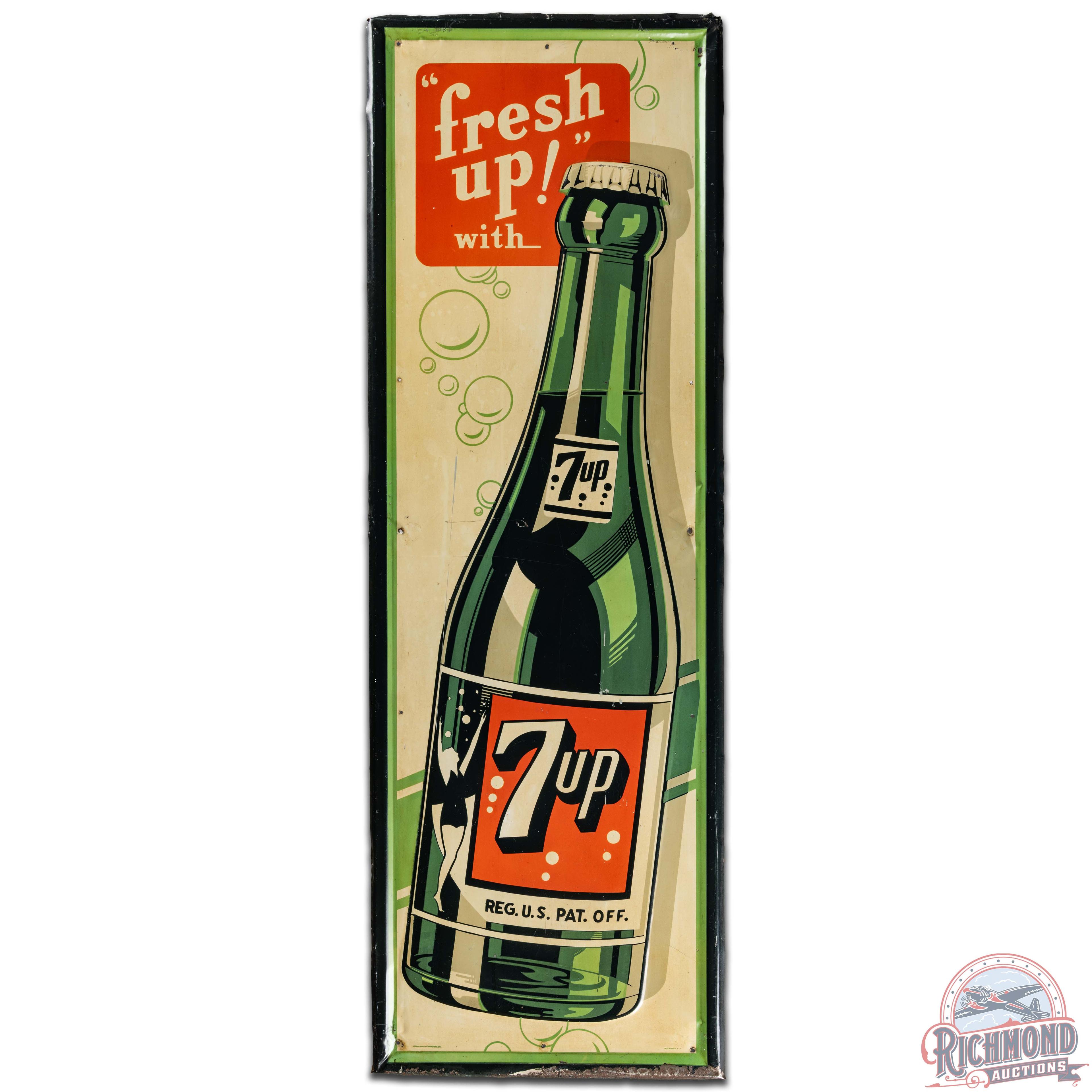 Fresh Up! With 7up Vertical Emb. SS Tin Sign w Bottle & Swimmer Girl