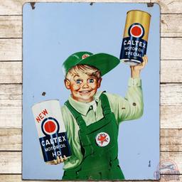 Caltex Motor Oil DS Porcelain Sign w/ Quart Cans & Boy Graphics