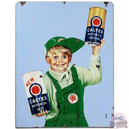 Caltex Motor Oil DS Porcelain Sign w/ Quart Cans & Boy Graphics