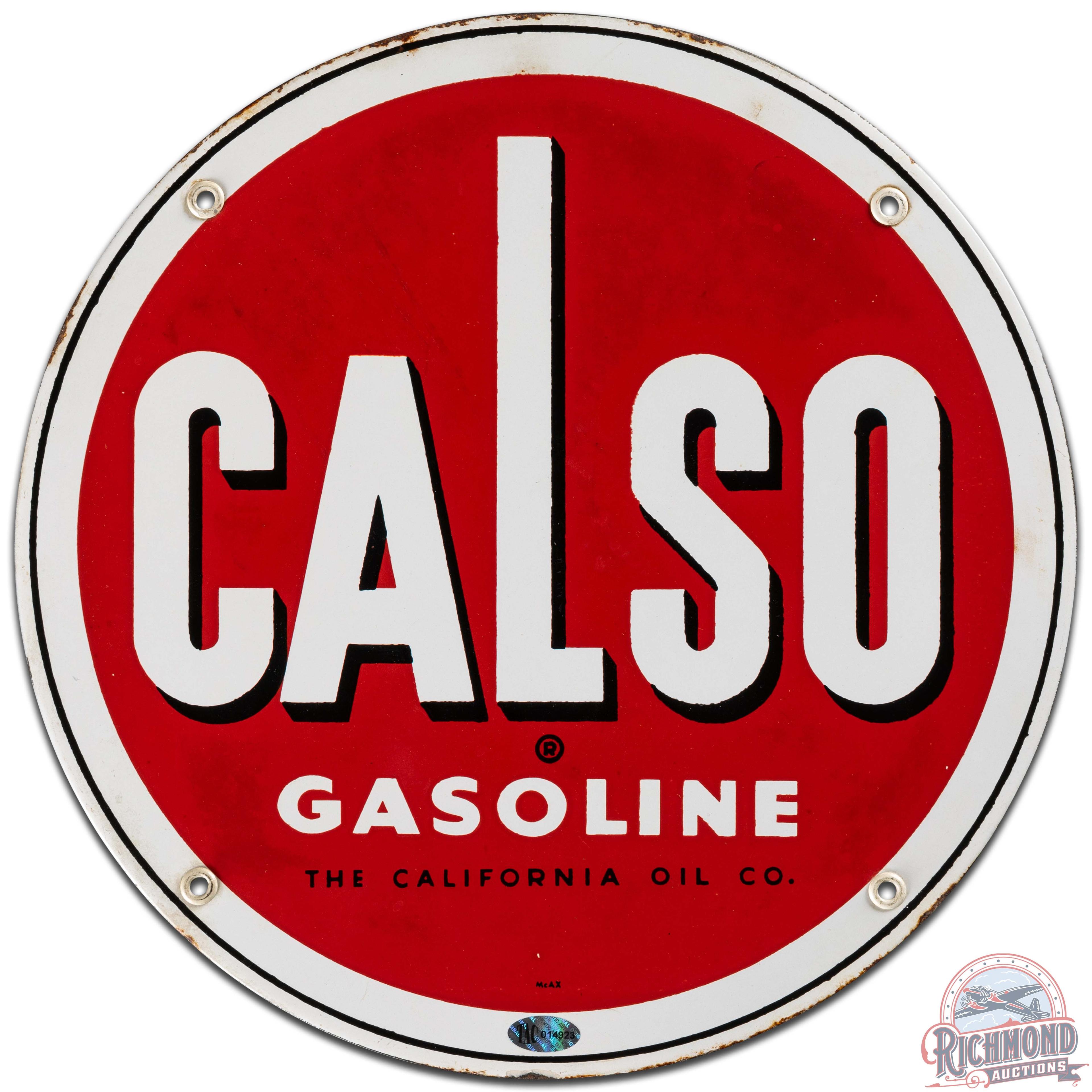 Calso Gasoline California Oil Co. SS Porcelain Gas Pump Plate Sign