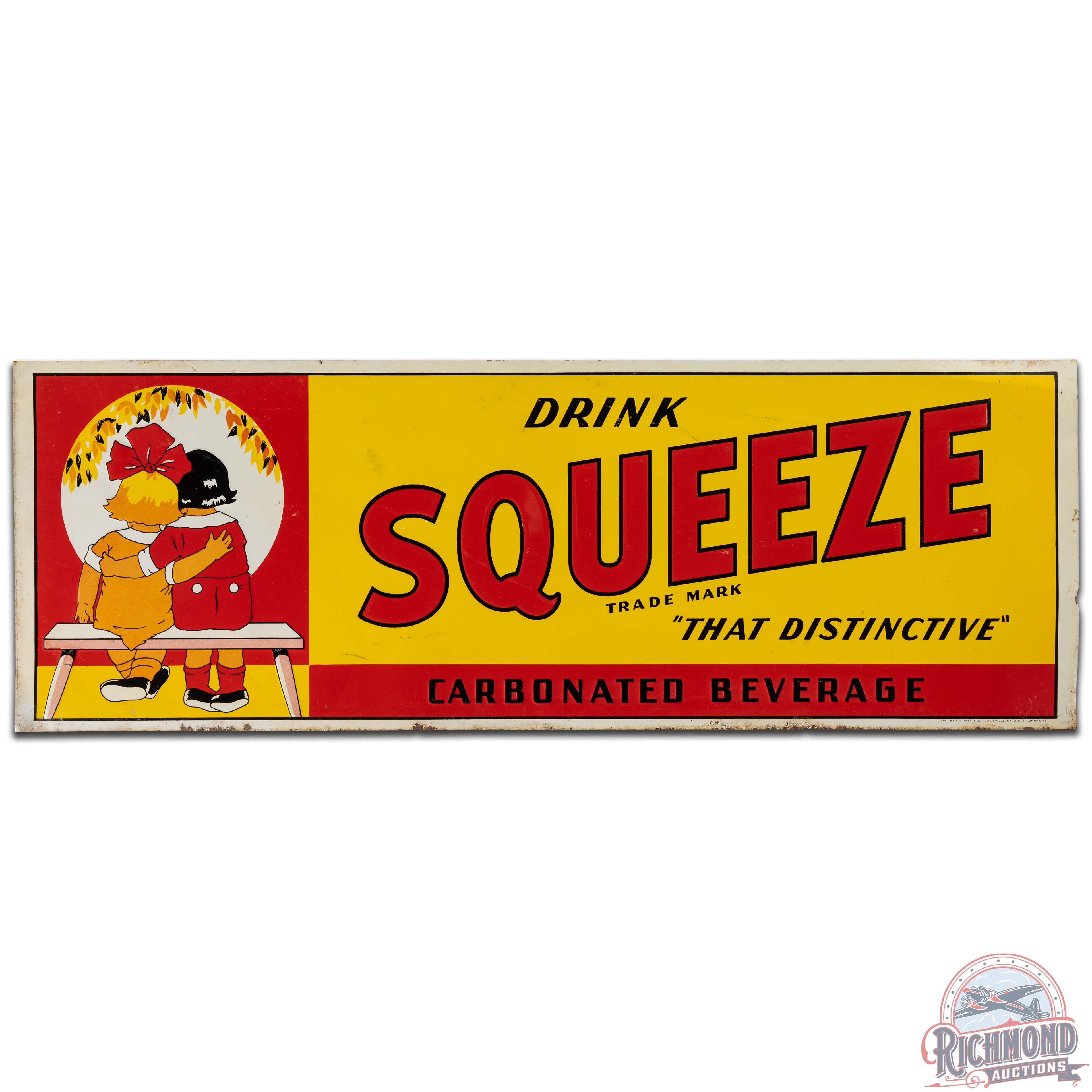 NOS Drink Squeeze Carbonated Beverage Emb. SS Tin Sign w/ Kids