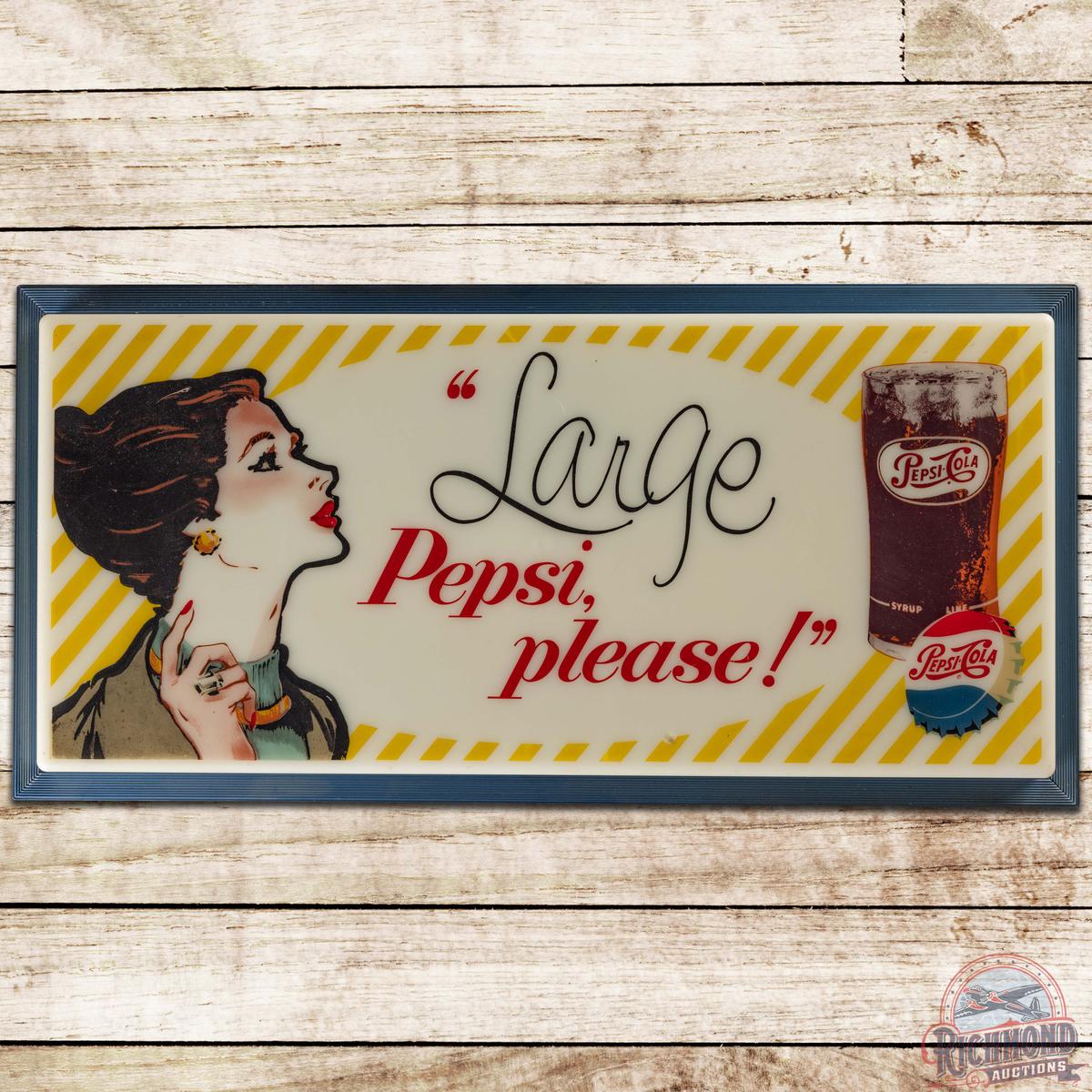 Pepsi Cola "Large Pepsi Please" w/ Lady and Glass Lighted Advertising Sign