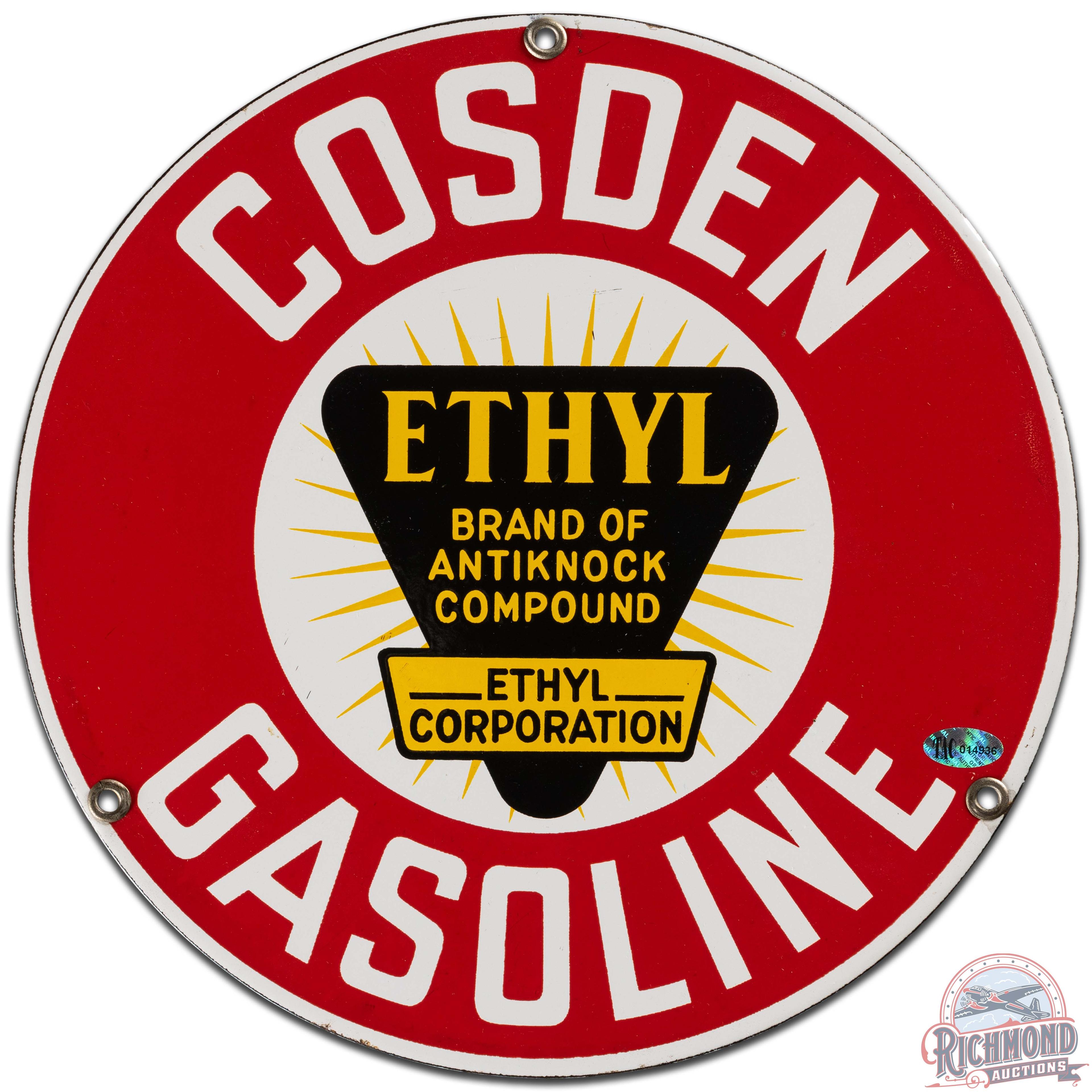 Cosden Ethyl Gasoline SS Porcelain Pump Plate Sign w/ Logo