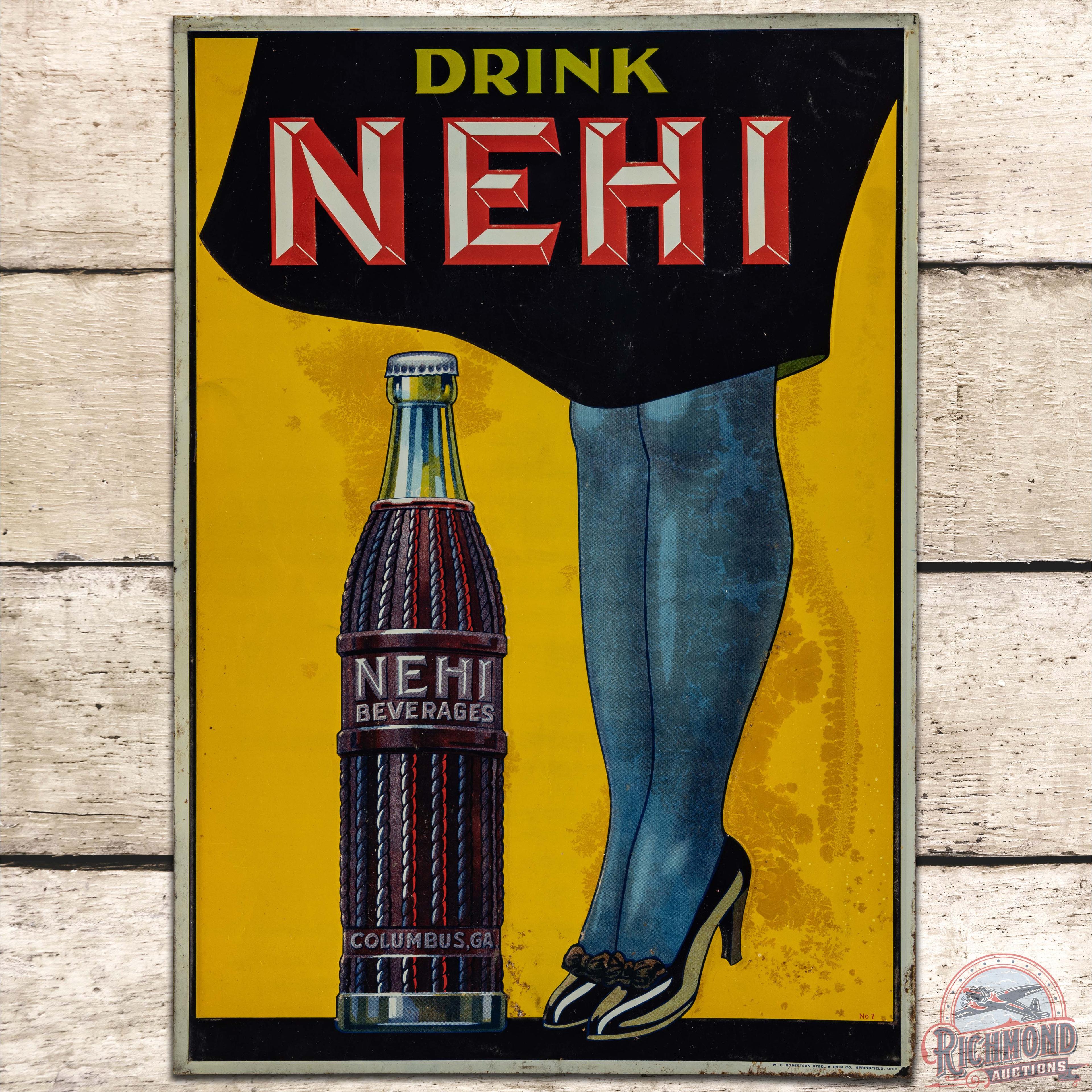 Drink Nehi Beverages Embossed SS Tin Sign w/ Bottle & Legs