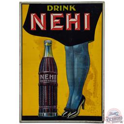 Drink Nehi Beverages Embossed SS Tin Sign w/ Bottle & Legs
